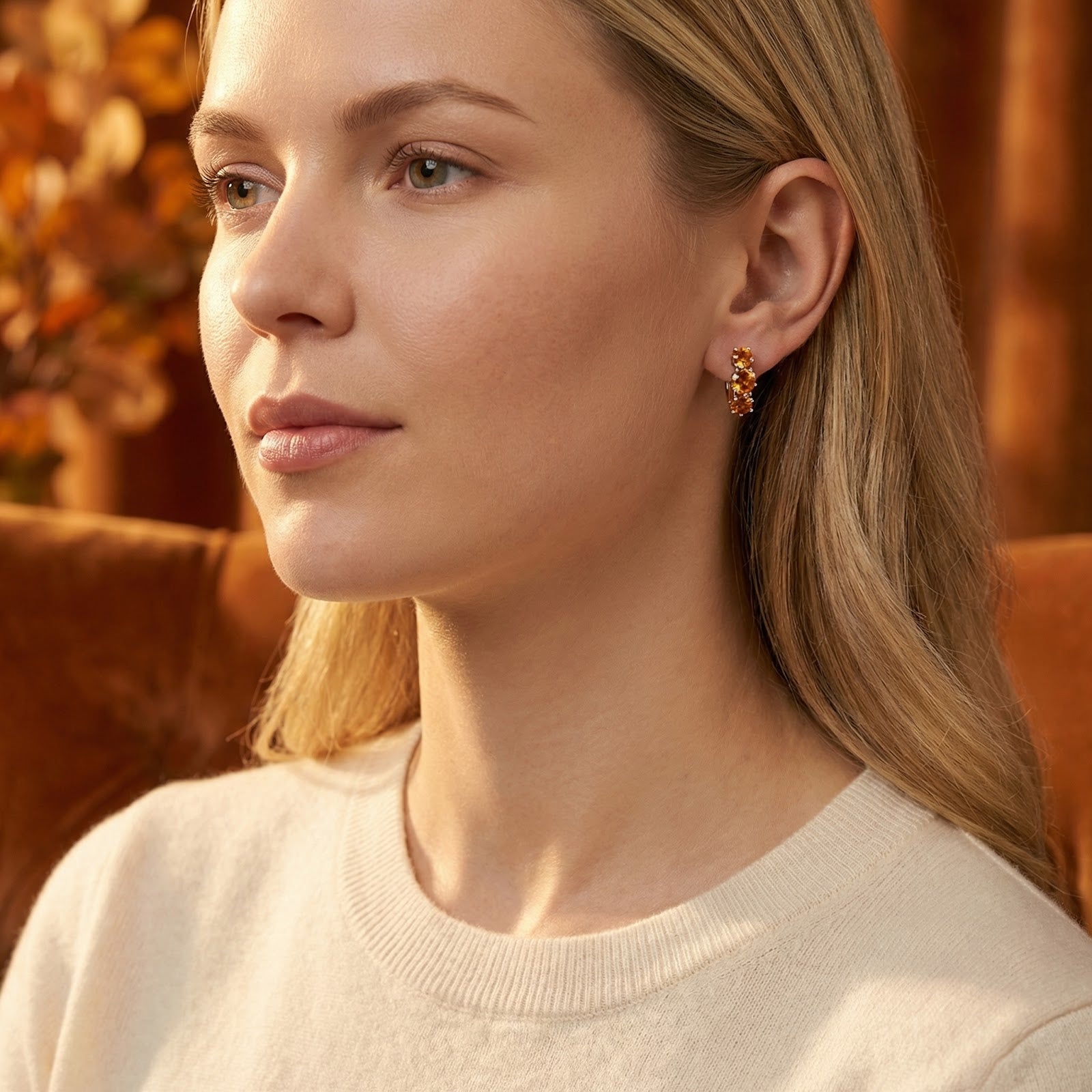 Side profile of a model wearing the Aurellise sterling silver huggie earrings with golden simulated topaz.