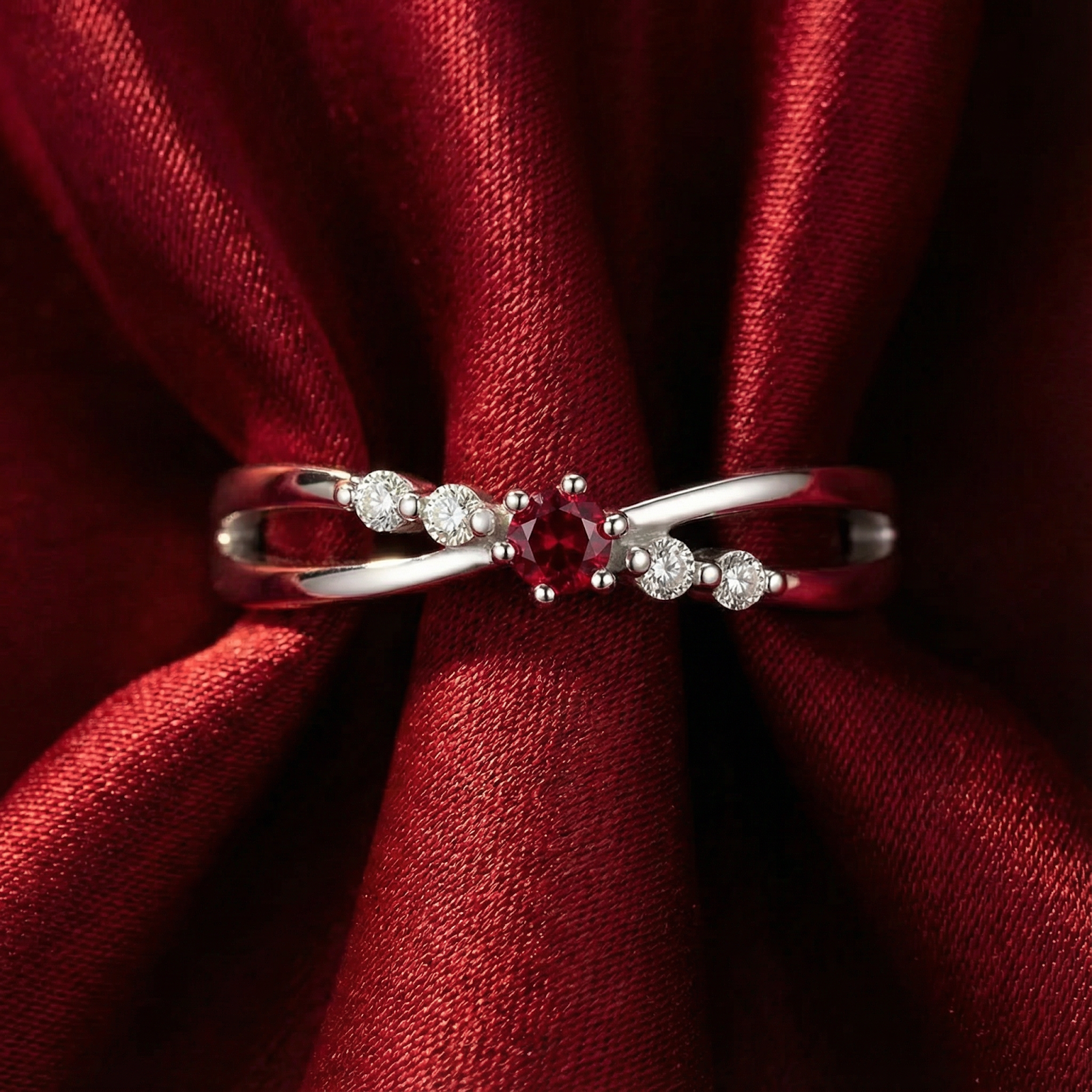 Front view of the round simulated ruby crossover ring in S925 sterling silver on red silk.