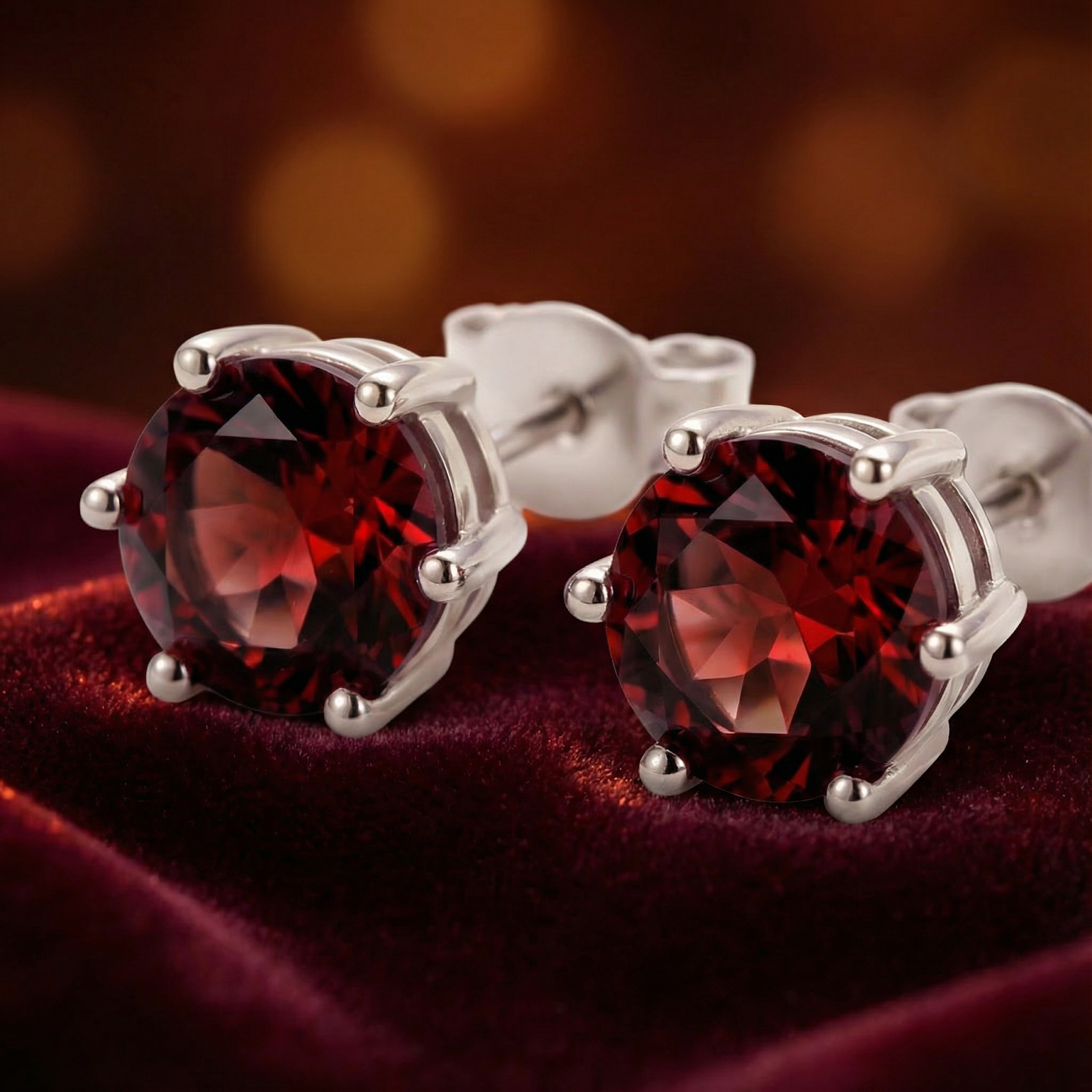 Macro view of round precision-cut red garnet stud earrings in 925 sterling silver prong settings.