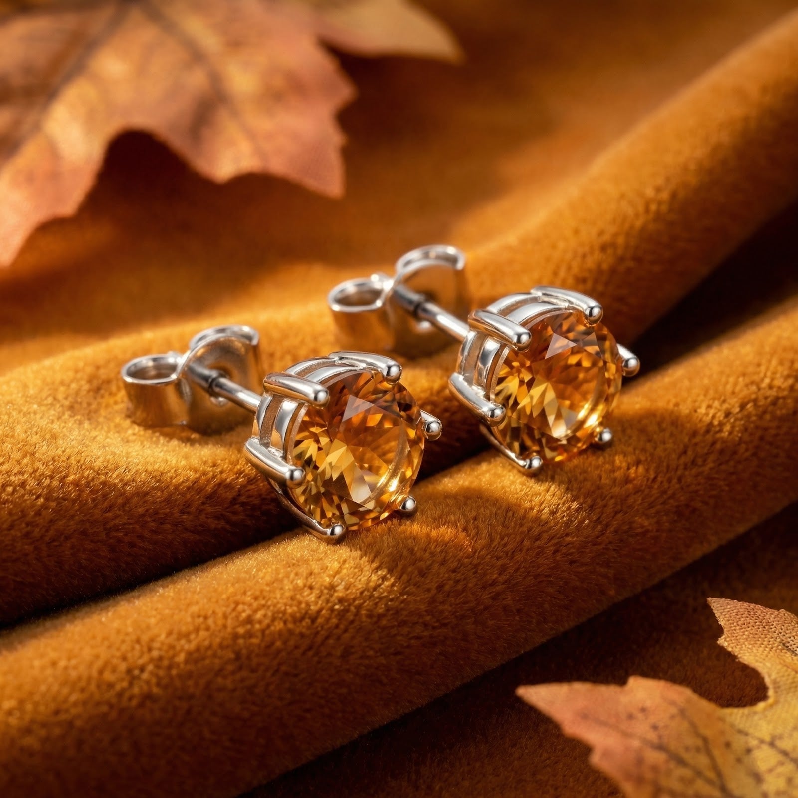 Round-cut simulated topaz stud earrings in sterling silver on brown velvet with autumn leaves.