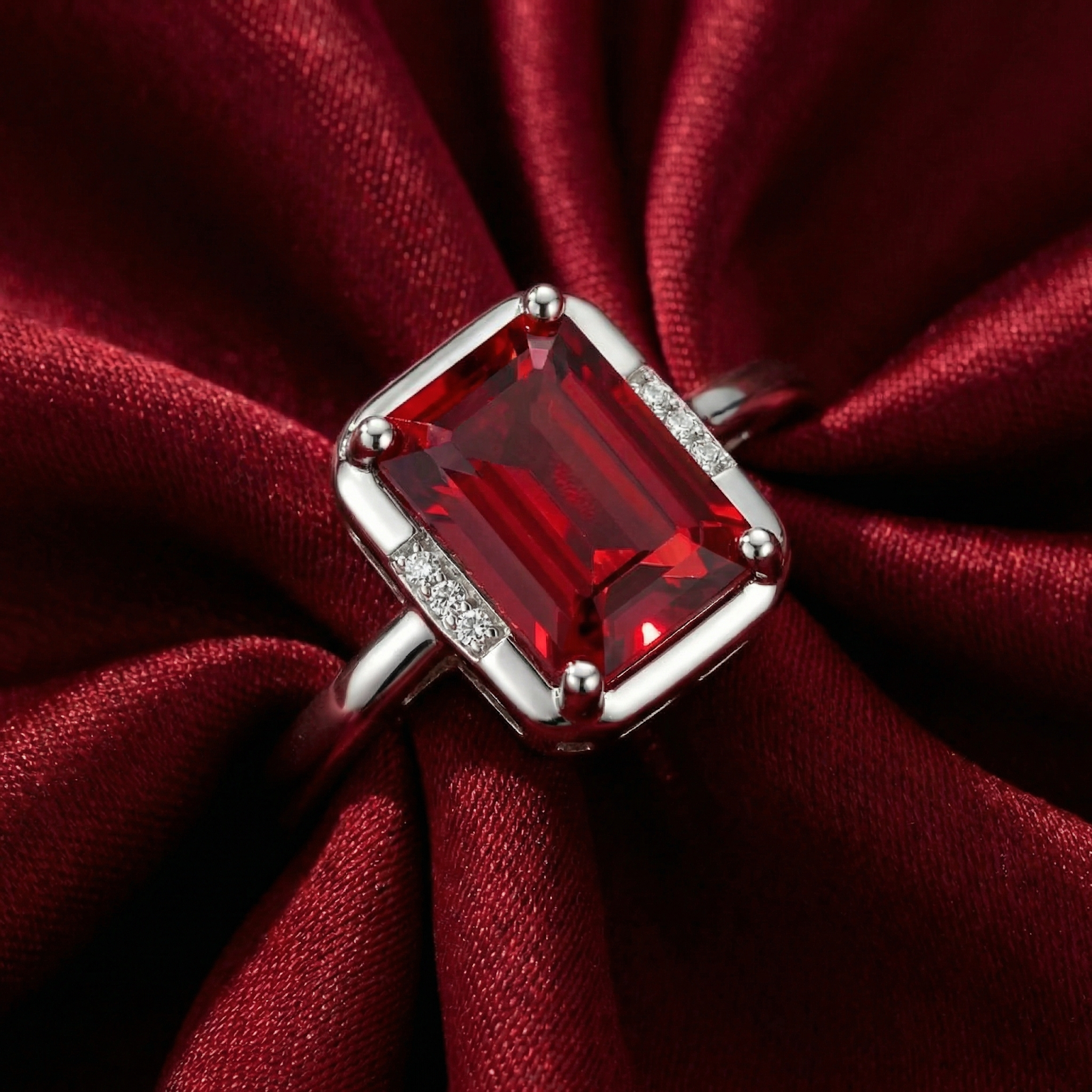 Macro shot of an emerald cut simulated ruby ring in sterling silver with side accents on red fabric.