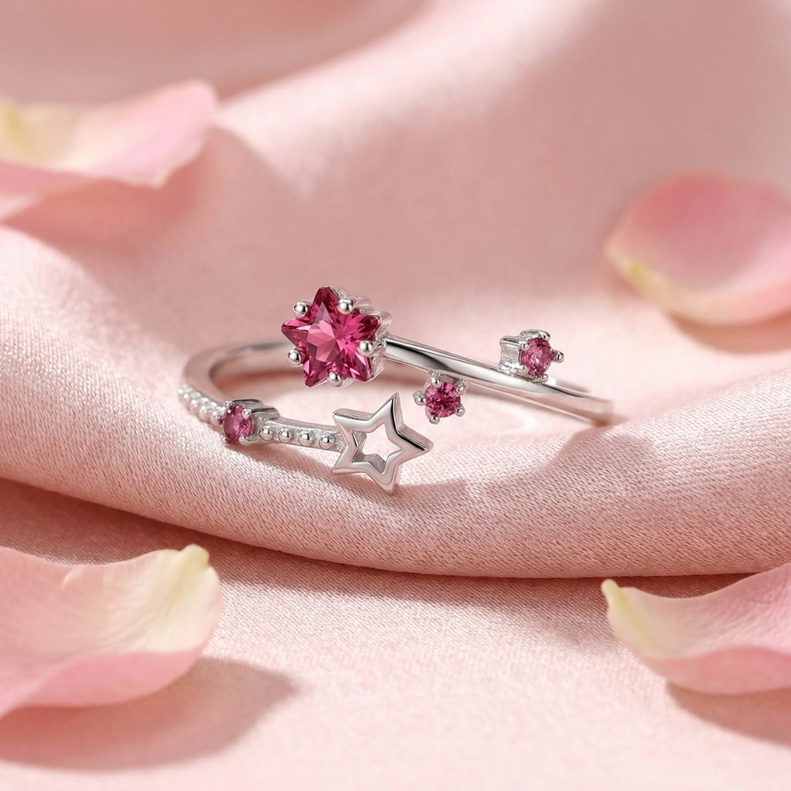Macro shot of the sterling silver Stellaris bypass ring featuring star-cut pink tourmaline and round accents.