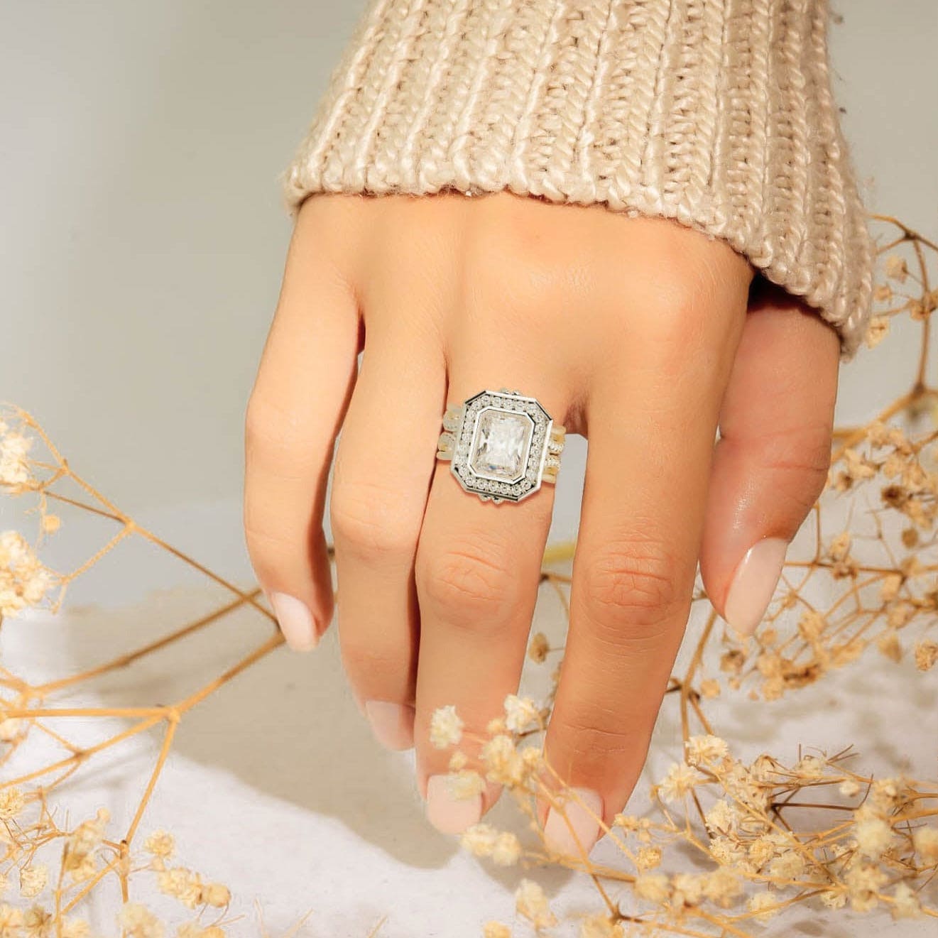 エリュシアン グロー:エメラルドカット ダイヤモンド リング - S925 スターリングシルバー