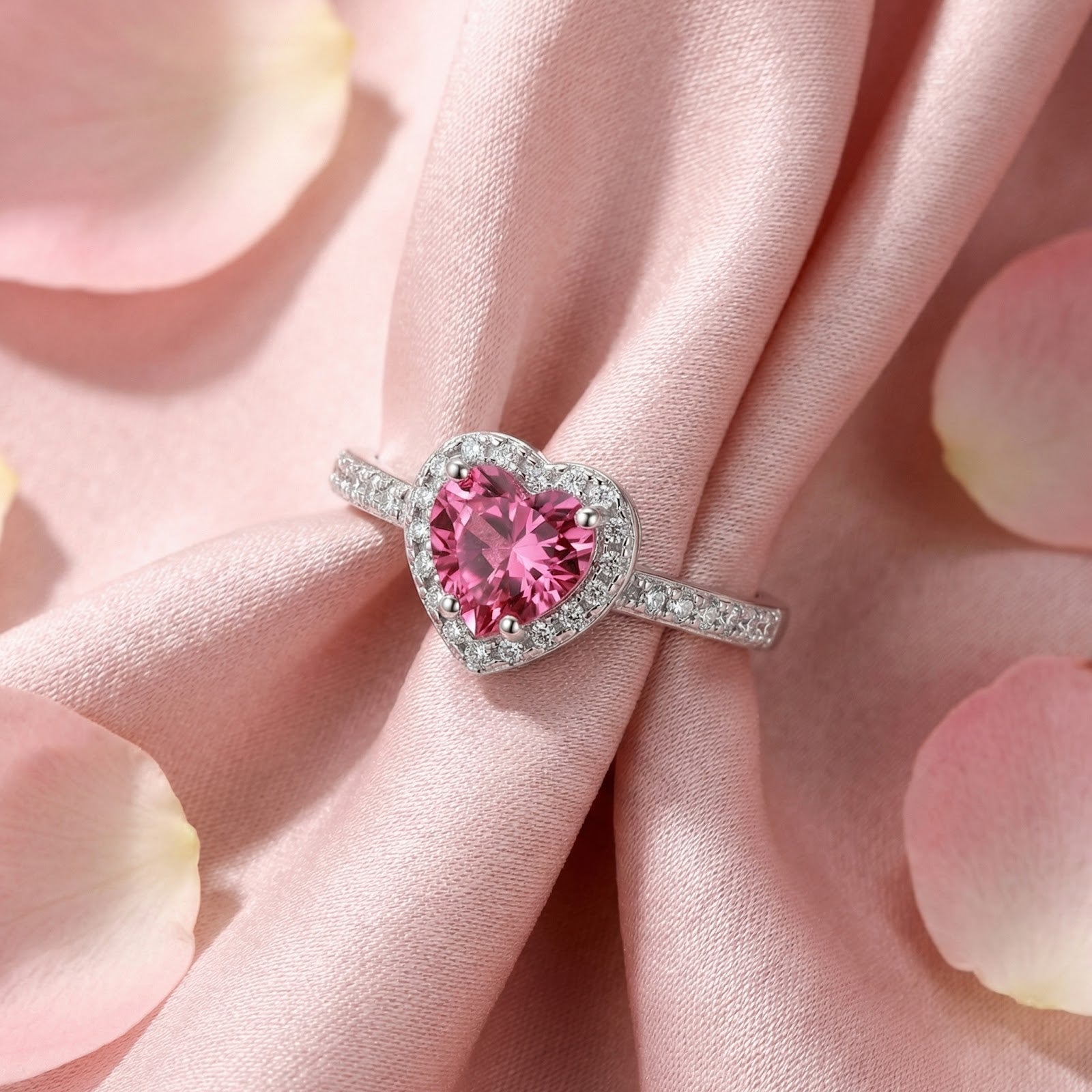 Top-down view of the heart-cut simulated pink tourmaline sterling silver halo ring on pink fabric.