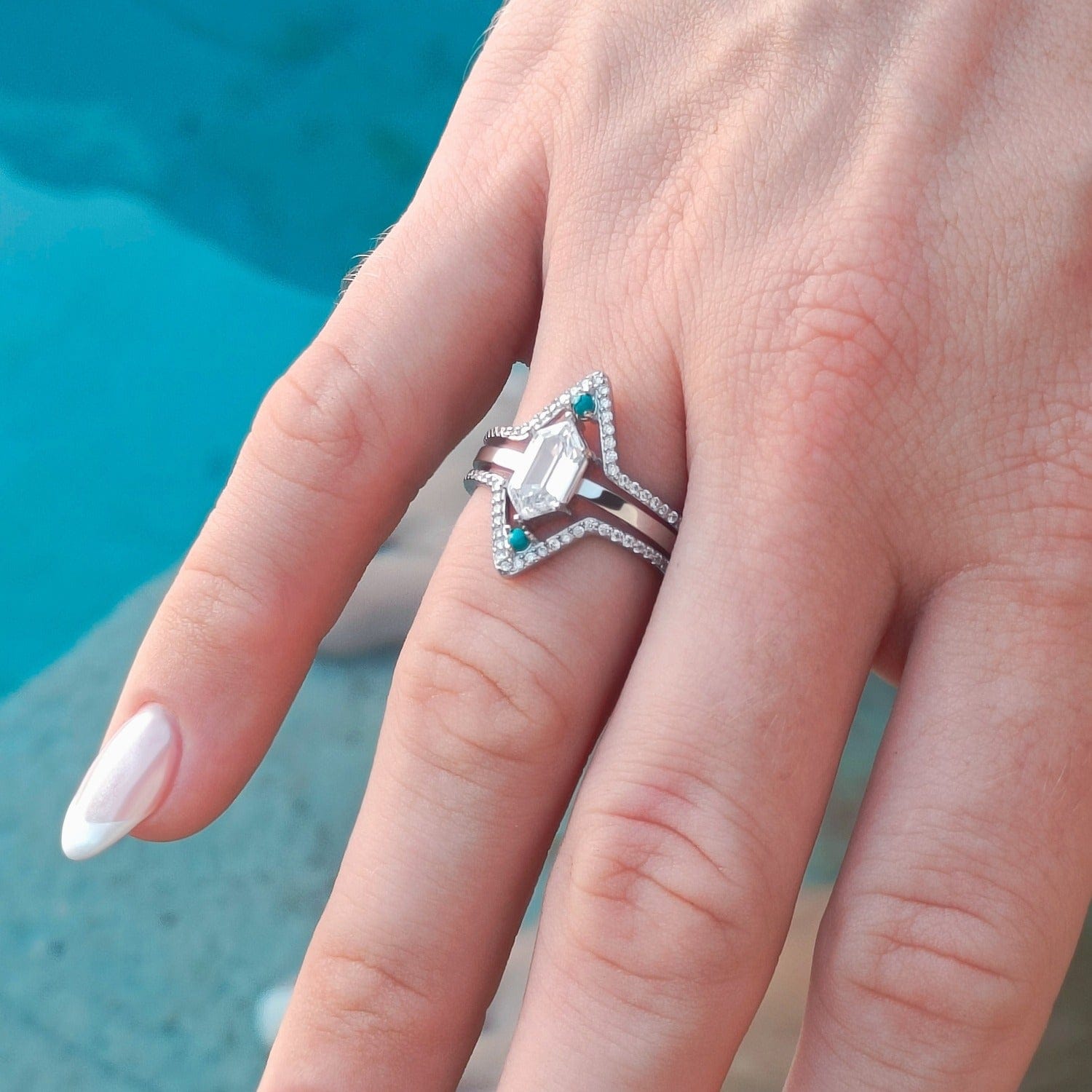 Elegant Calm Waters Turquoise Ring featuring a sterling silver band with big transparent cubic zirconia gemstone close up user generated image review