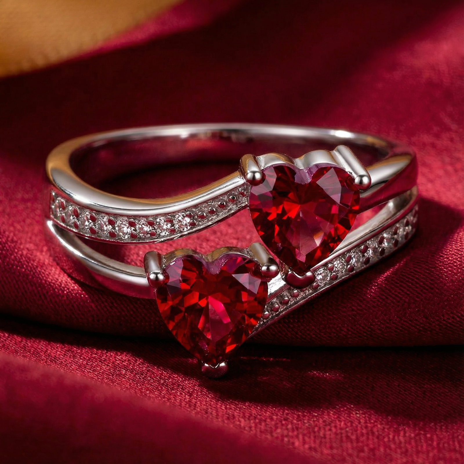 Front view of the Elianara S925 sterling silver ring with two heart-cut simulated rubies on red satin.