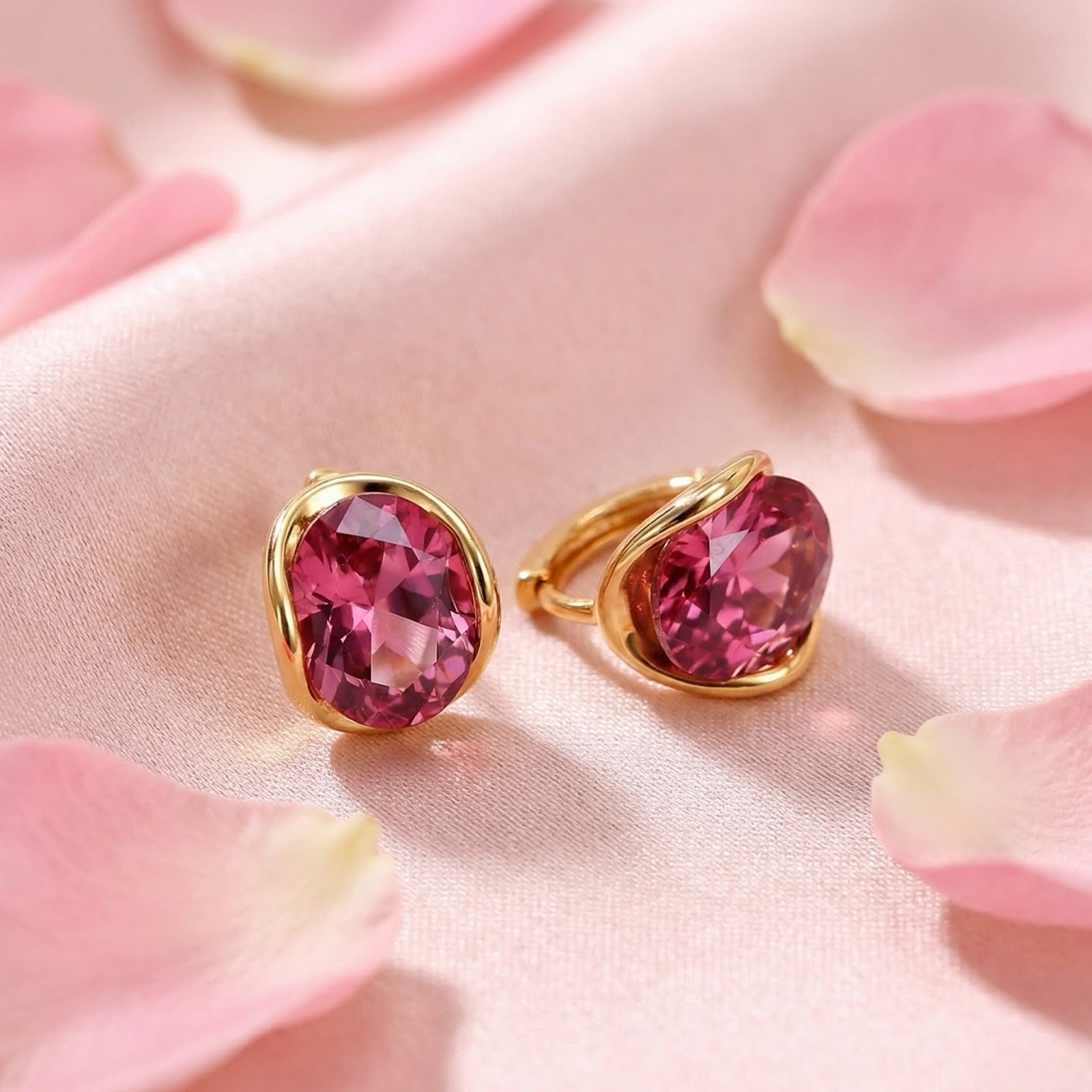 Oval pink tourmaline earrings in 18K gold plated settings on pink silk fabric with rose petals.