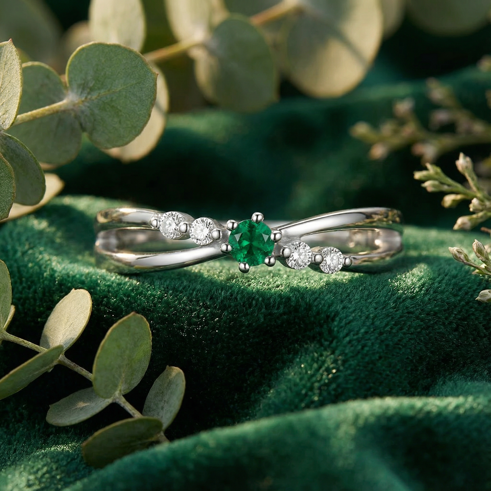 Sterling silver bypass ring with a round simulated emerald on green velvet with eucalyptus leaves.