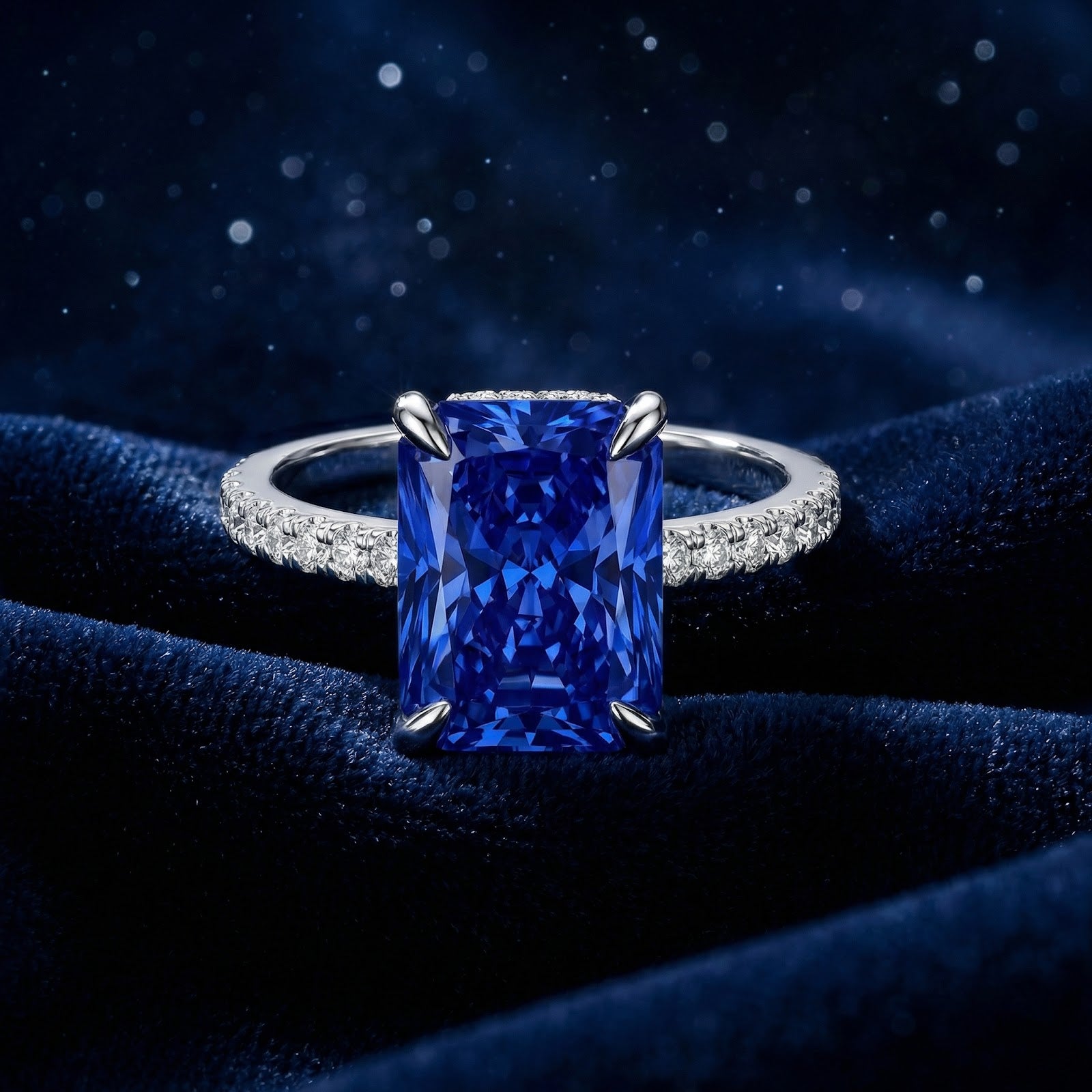 Radiant cut blue simulated sapphire ring in S925 sterling silver on a dark blue velvet fabric with a starry background.