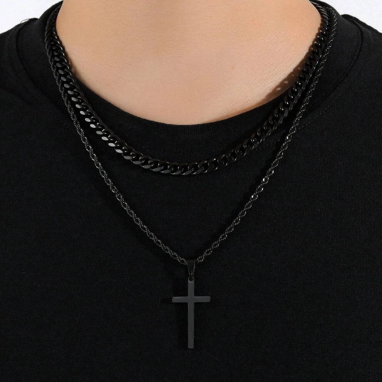 18K Gold Men's Double Layer Cross Pendant Charm Necklace