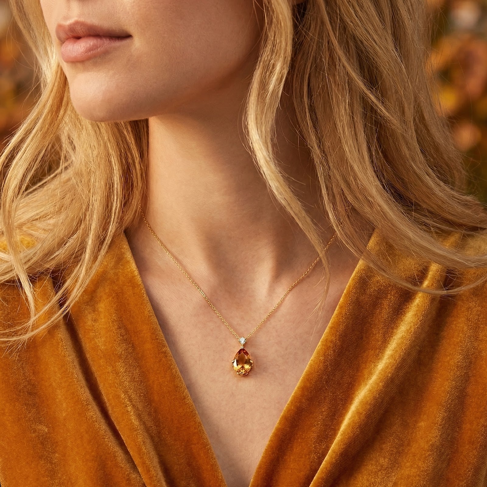 Model wearing the Aurelienne pear-cut simulated topaz necklace in 18K gold vermeil against a gold velvet top.