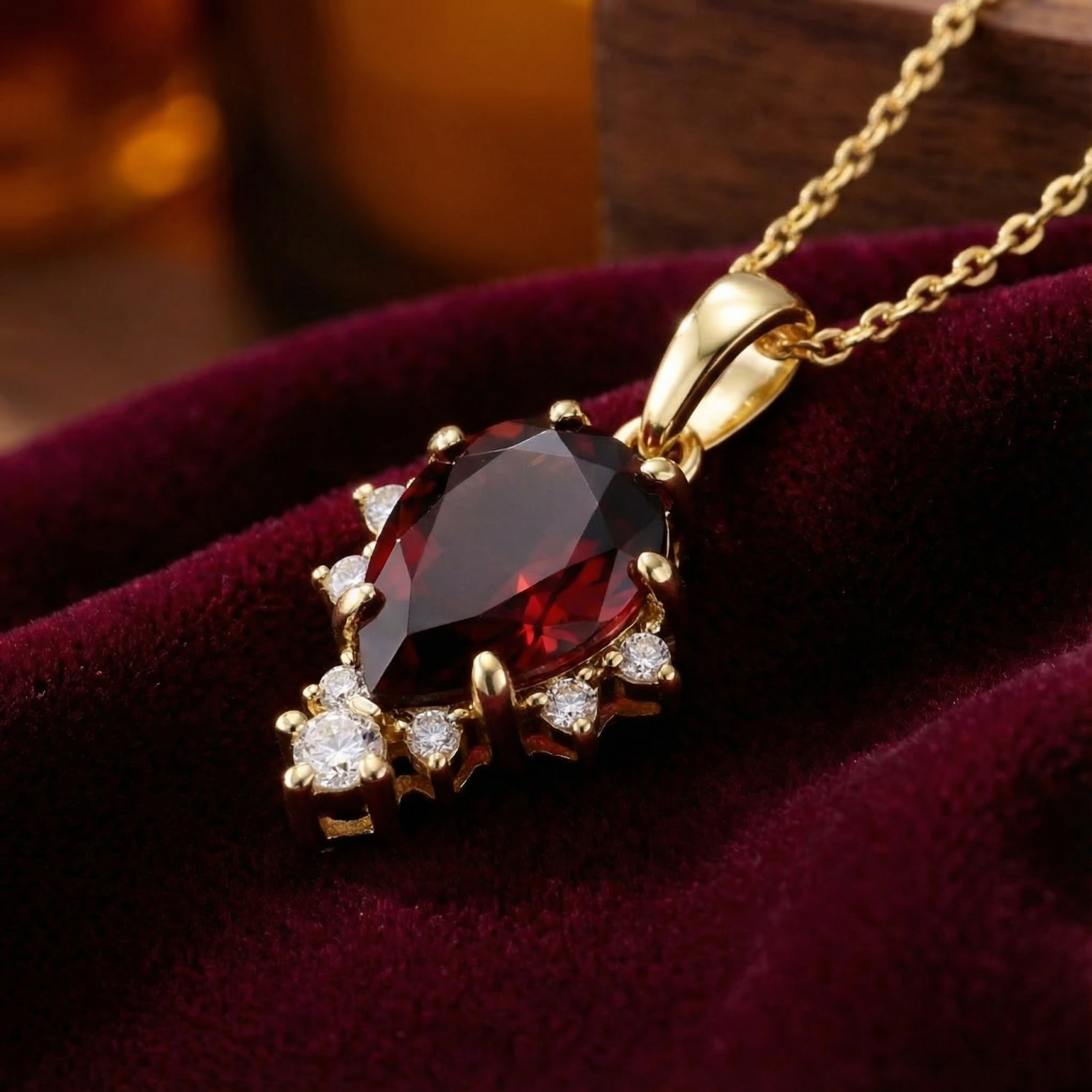 Teardrop cut simulated garnet necklace in 18K gold vermeil with clear accent stones on red velvet.