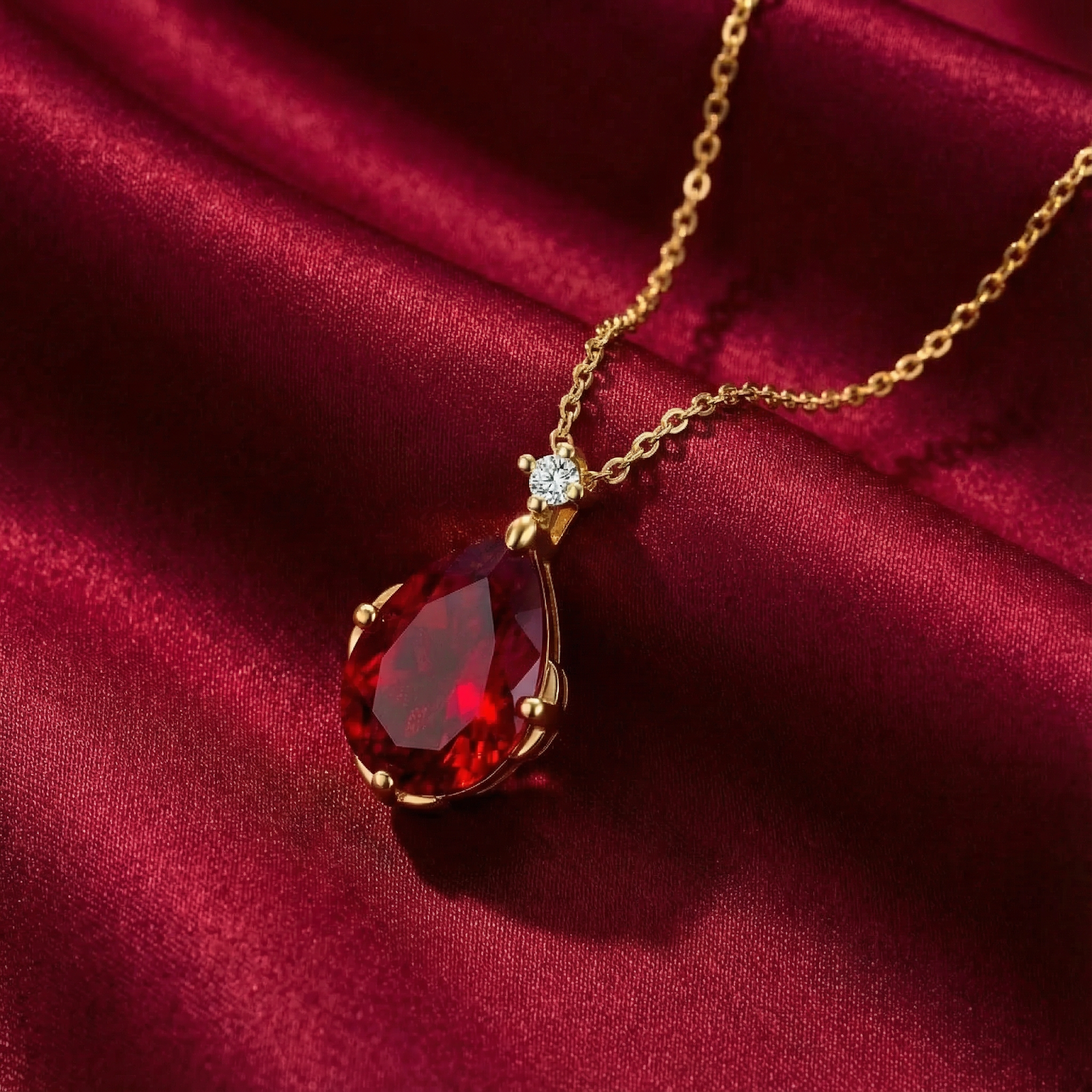 Teardrop simulated ruby necklace in 18K gold vermeil resting on luxurious red silk fabric.