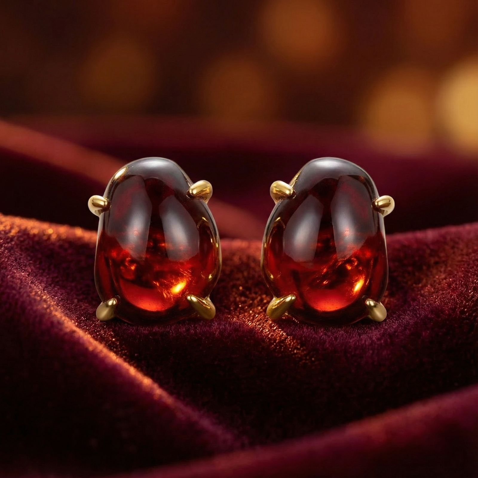 Front view of Seraphine 18K gold vermeil stud earrings with deep red simulated garnet stones on red velvet.