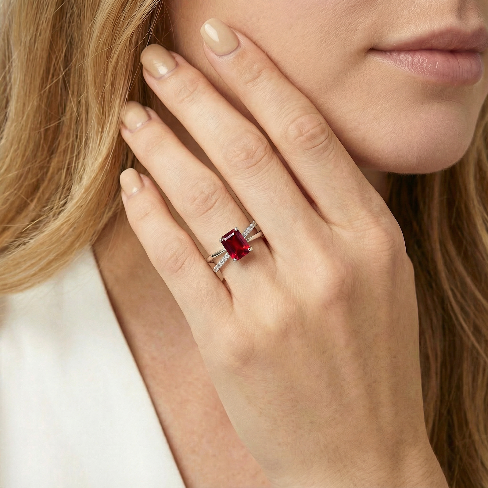 Woman wearing the radiant cut simulated ruby sterling silver ring on her finger.