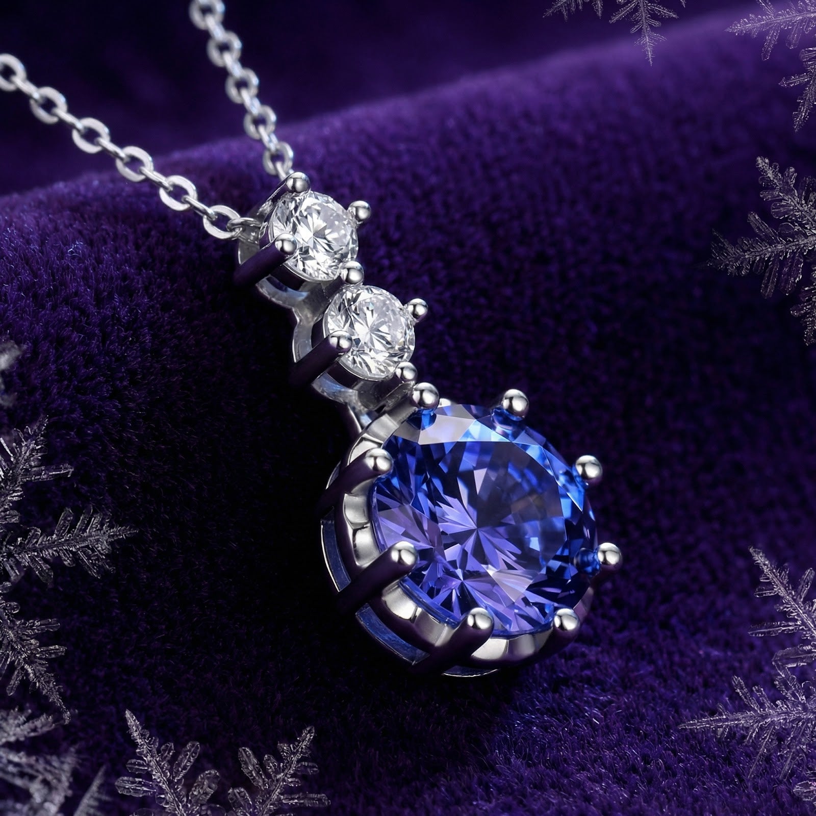 Round cut simulated tanzanite pendant in sterling silver on a purple velvet background with snowflakes.