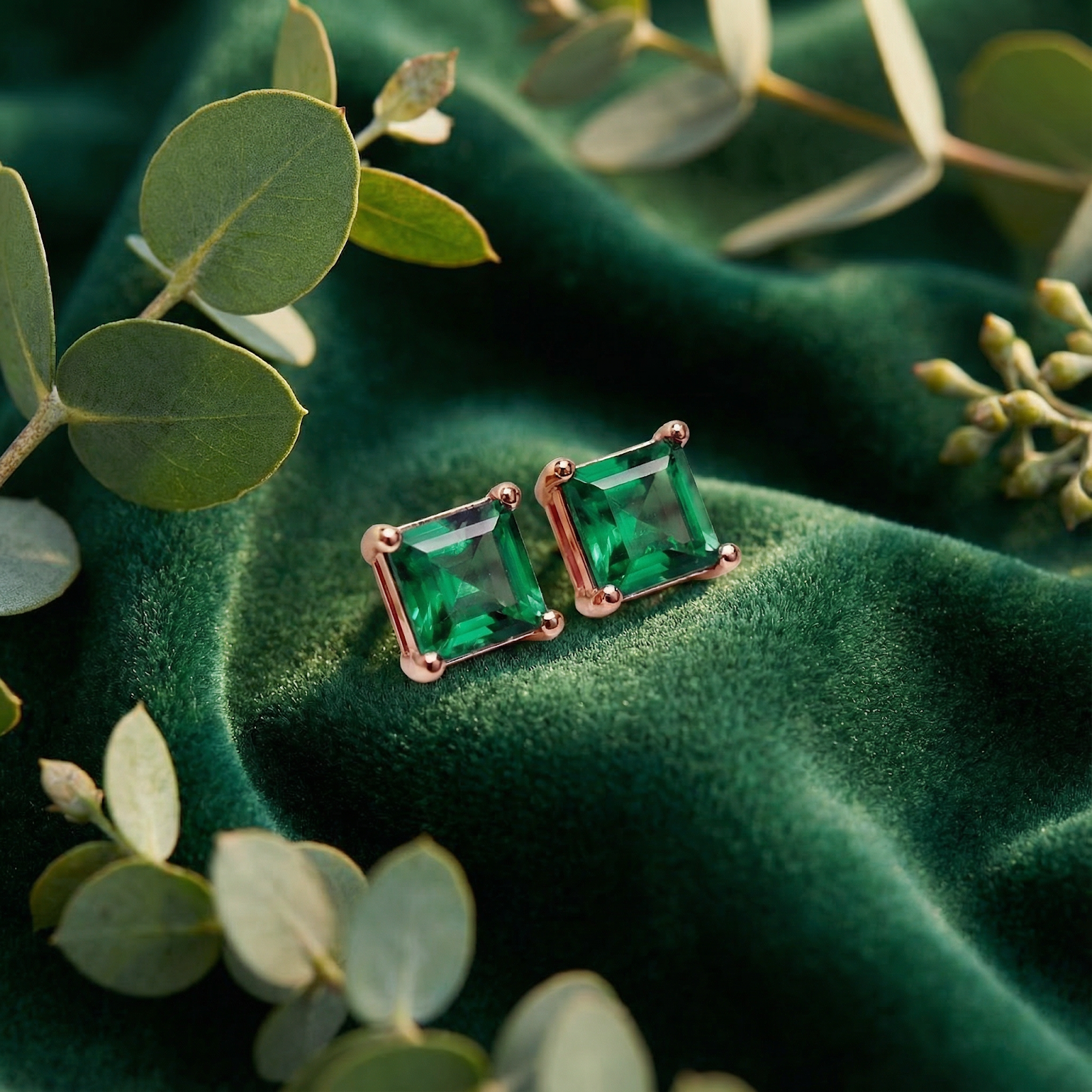 Square-cut simulated emerald stud earrings in 18K rose gold vermeil on green velvet with eucalyptus leaves.