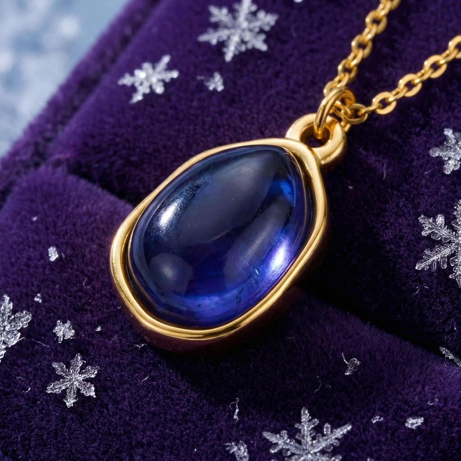 Macro shot of a teardrop simulated tanzanite in a gold bezel setting on purple velvet with snowflakes.
