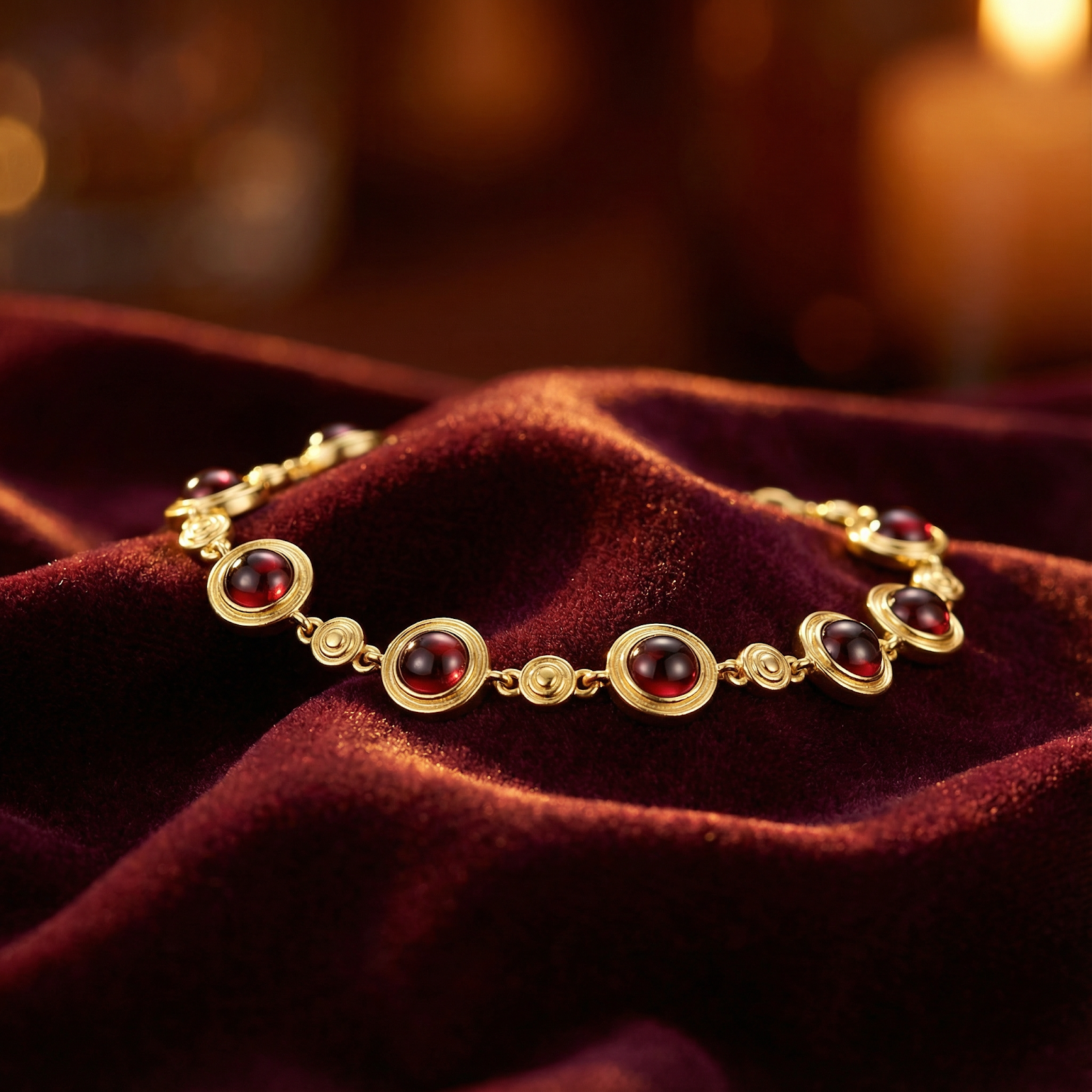 Close-up of round simulated garnet stones in 18K gold vermeil bezel settings on red velvet.