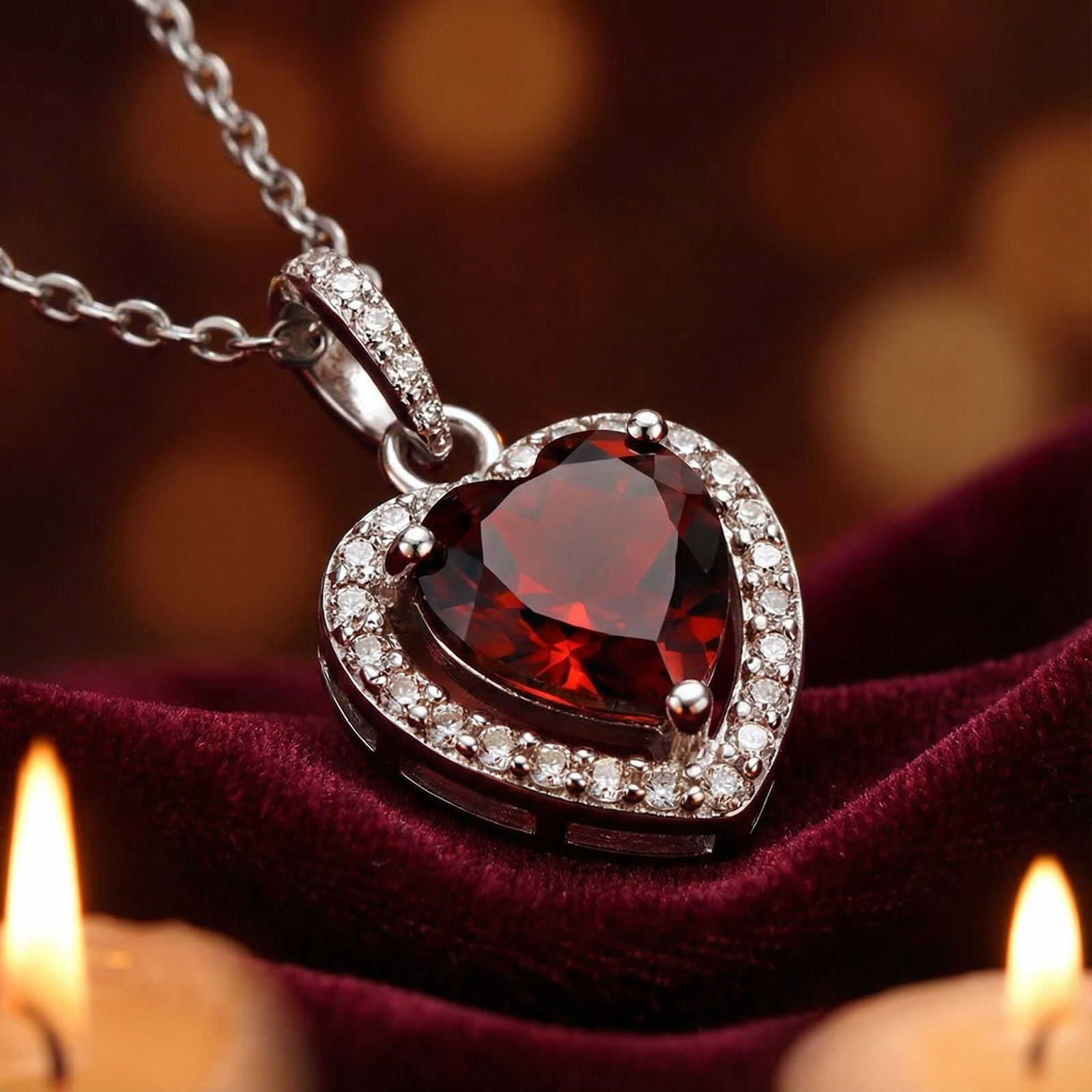 Heart-cut red garnet necklace in a silver halo setting on red velvet with warm candle lighting.