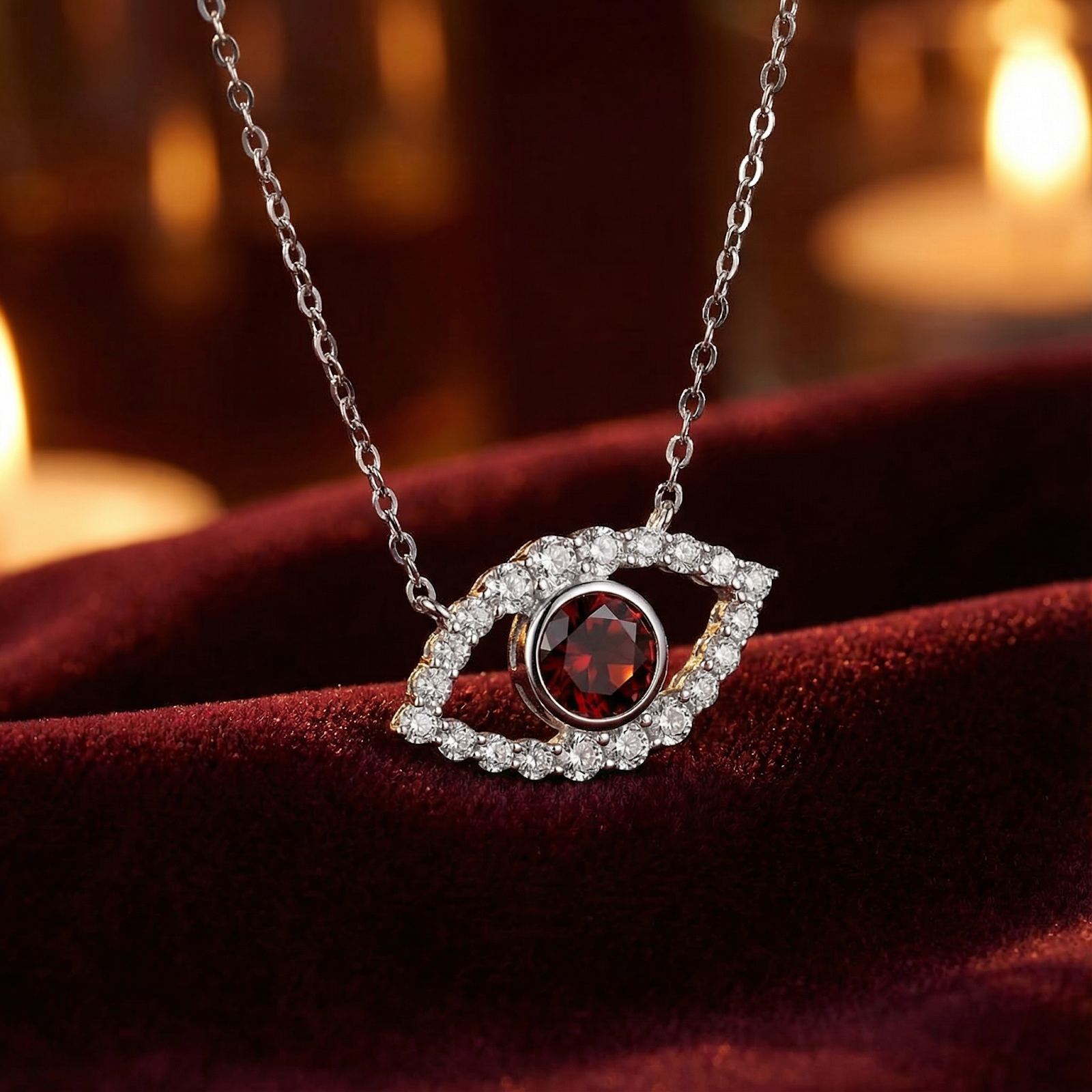 Sterling silver eye necklace with round red simulated garnet and moissanite accents on red velvet lifestyle background.