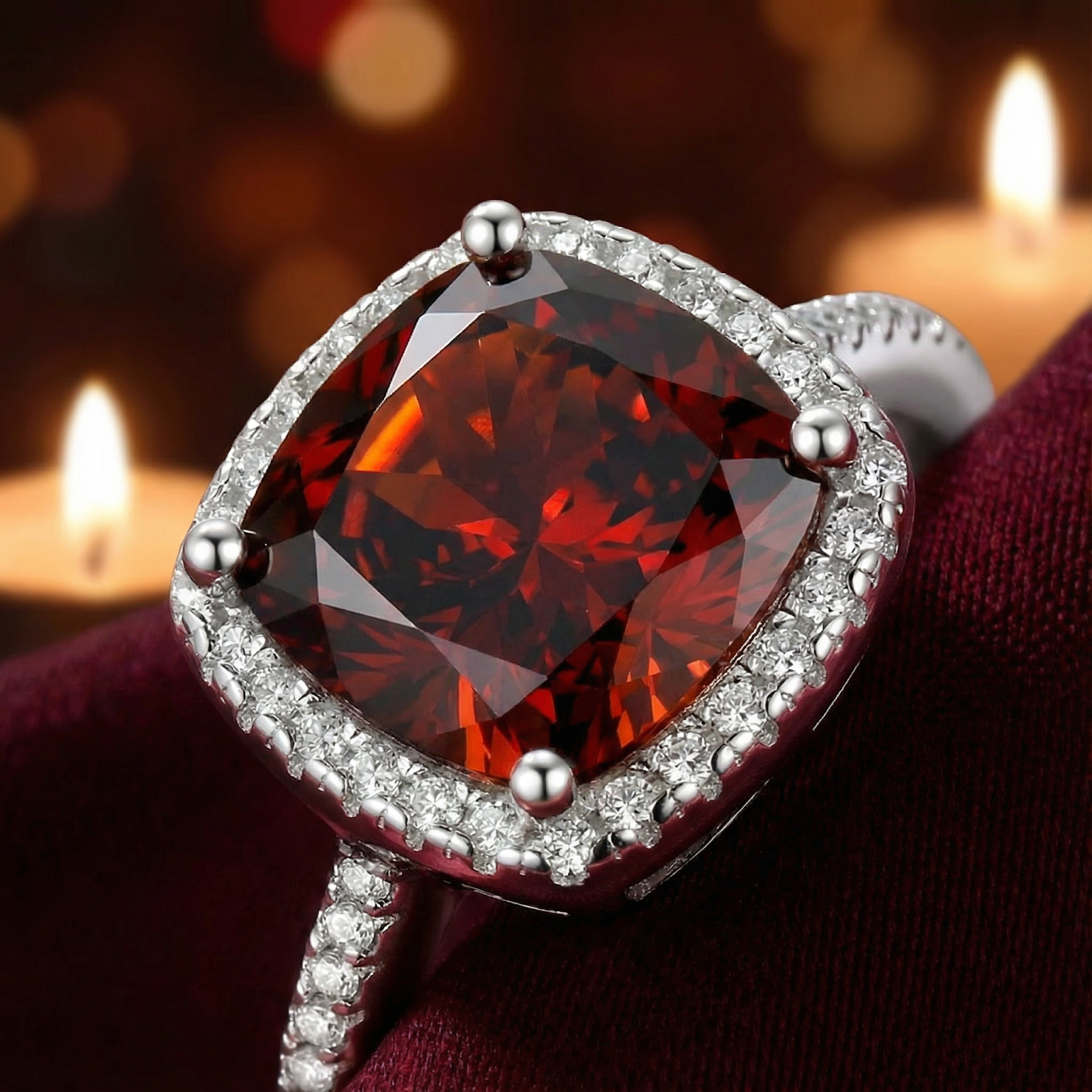 Macro shot of the cushion cut simulated garnet and halo setting on a silver ring.
