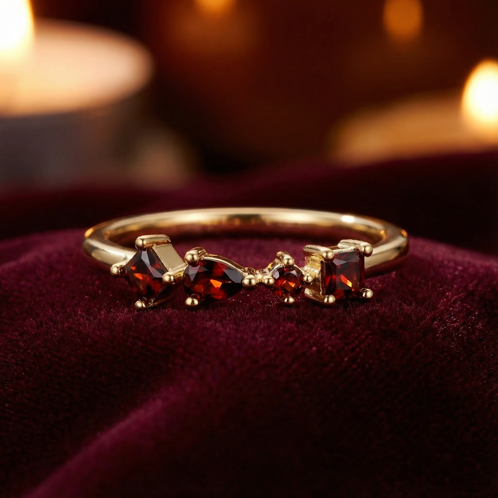 Close-up of the Lunette ring featuring square, pear, and round cut red simulated garnets in 18K gold vermeil.