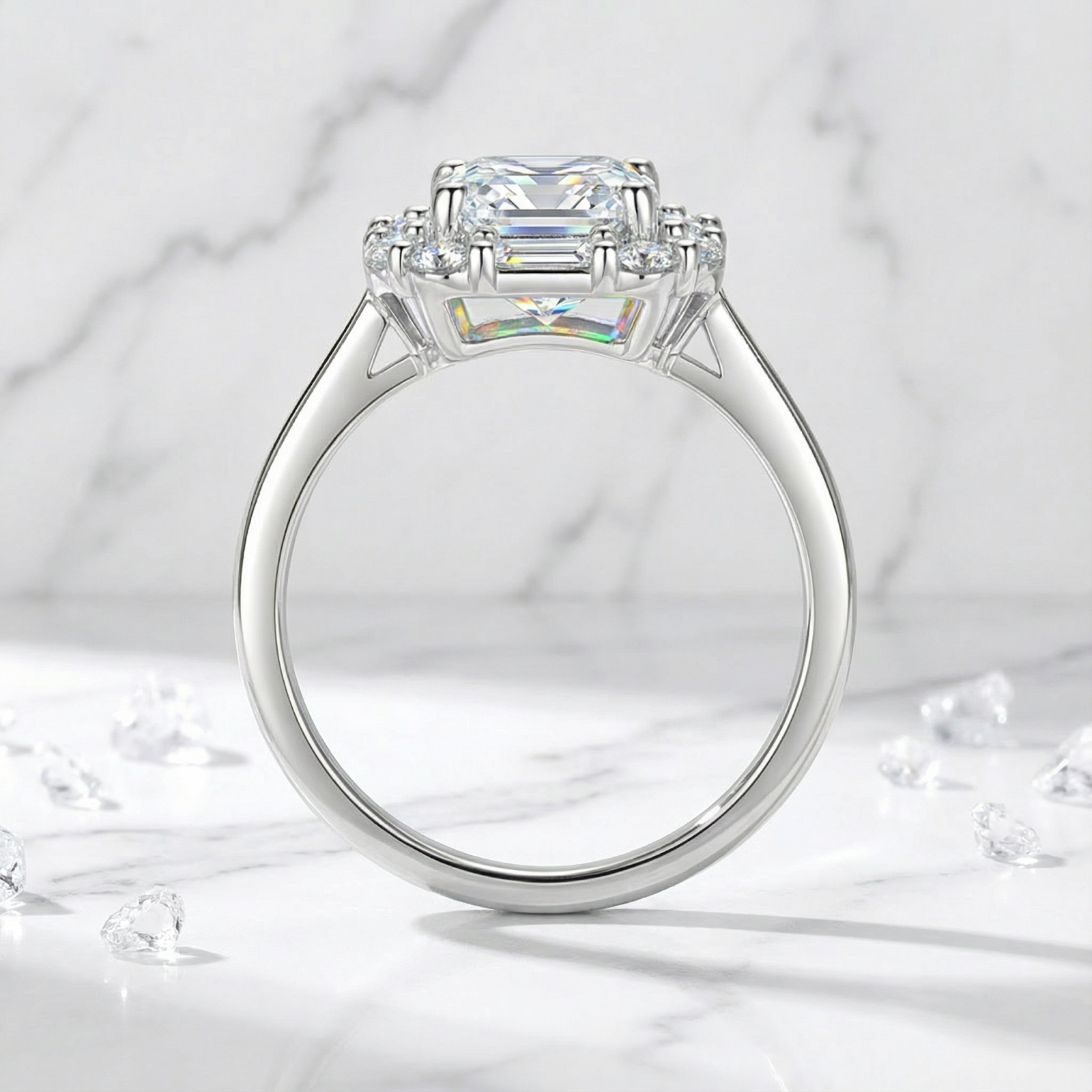 Side profile of the S925 sterling silver Elara ring showing the octagon-cut zirconia setting and band.