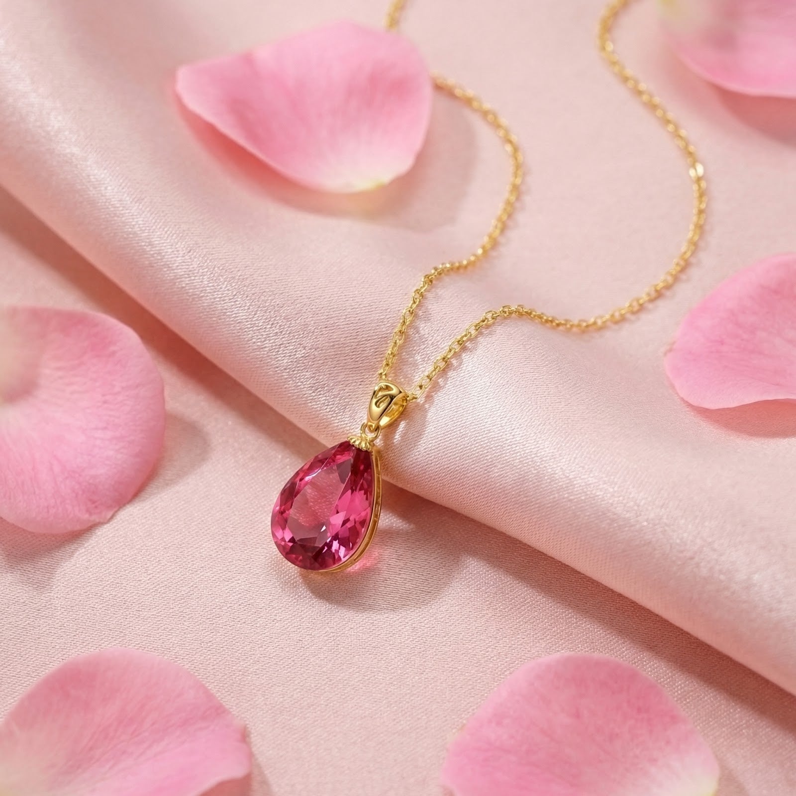 18K gold vermeil necklace featuring a pear-cut simulated pink tourmaline pendant among pink rose petals.