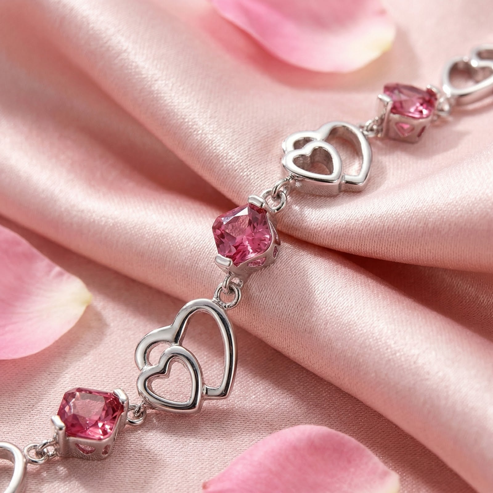 Macro shot of S925 sterling silver double heart links and cushion-cut simulated pink tourmaline stones.