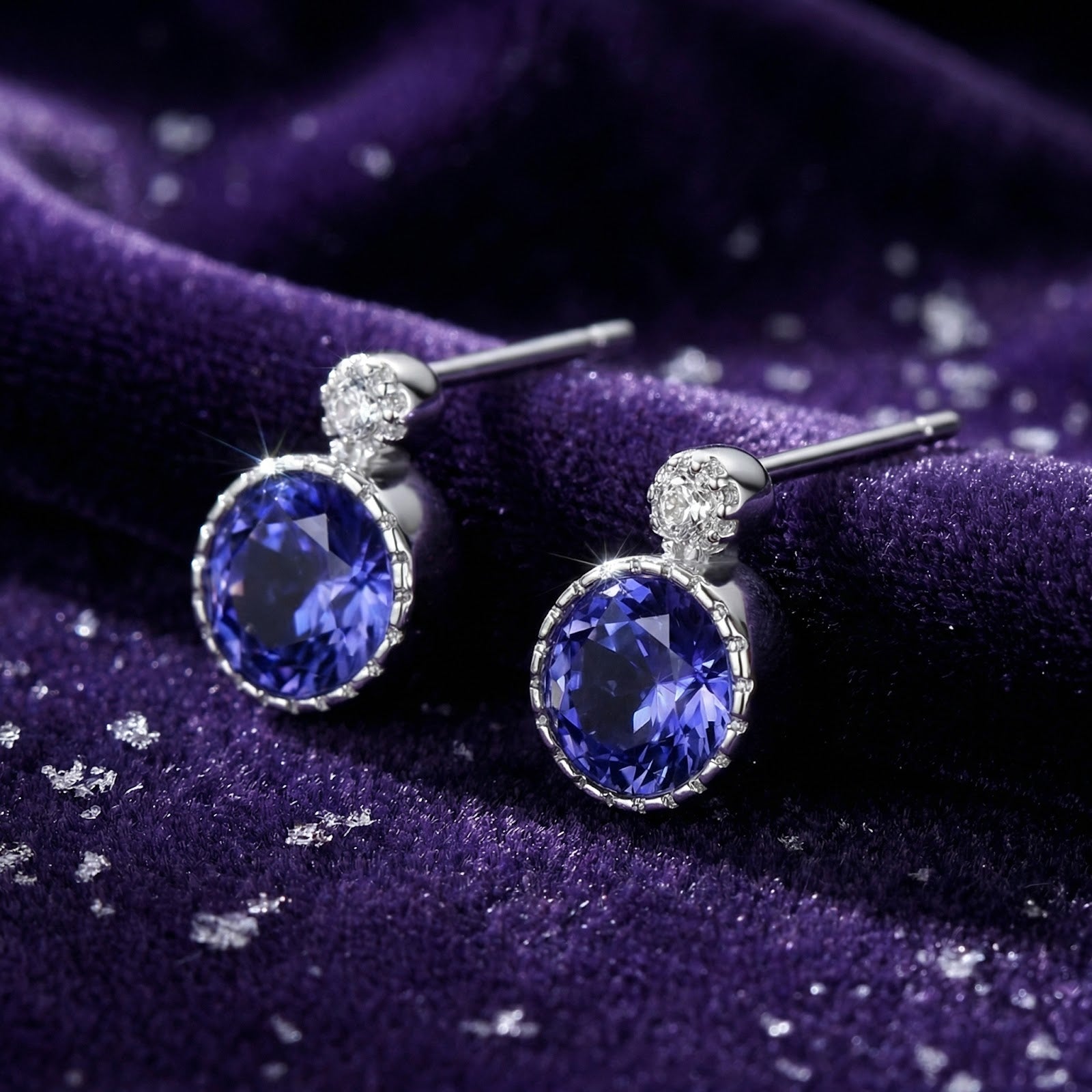 Round simulated tanzanite drop earrings in sterling silver on a purple velvet background.
