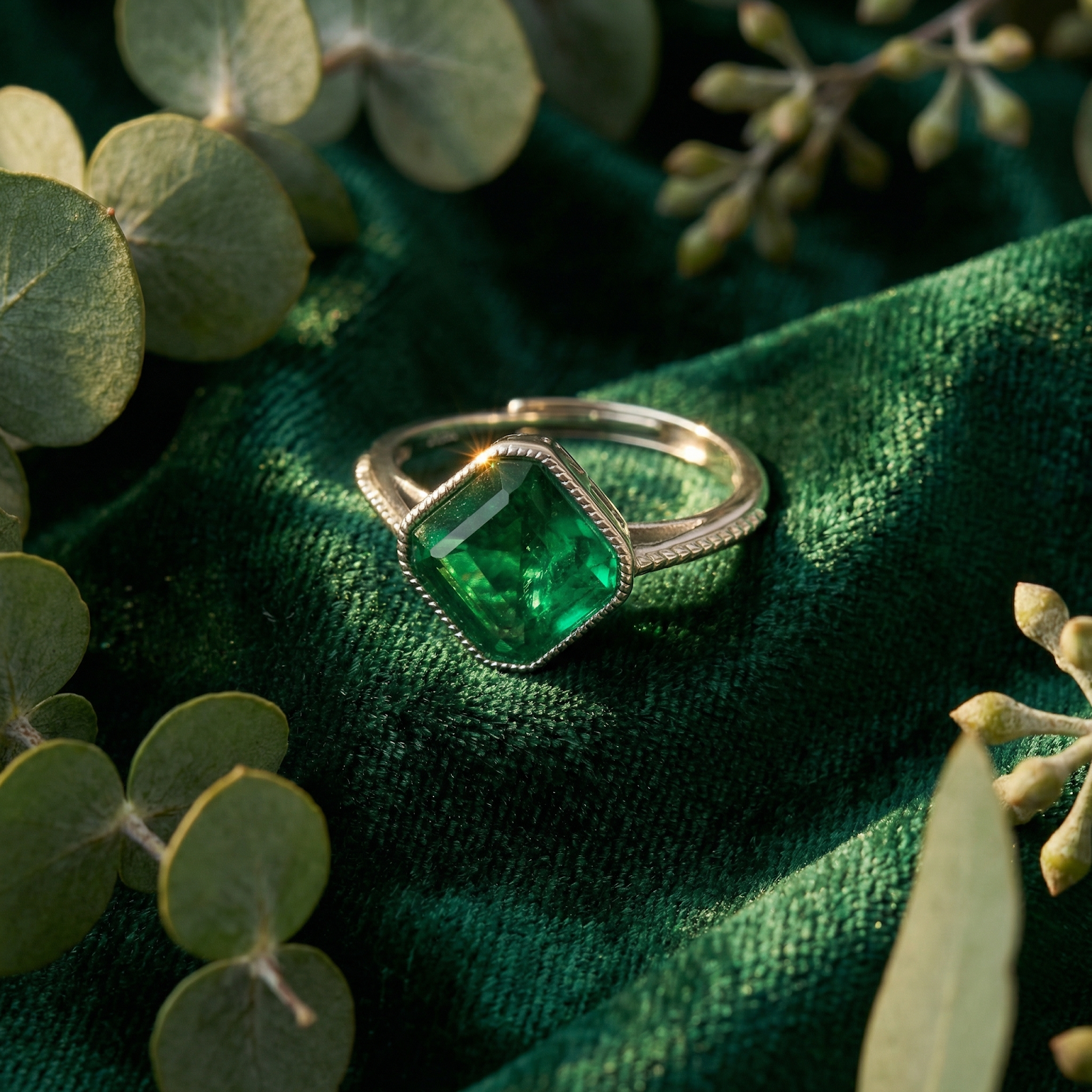 Square-cut simulated emerald ring in S925 sterling silver on green velvet with eucalyptus leaves.