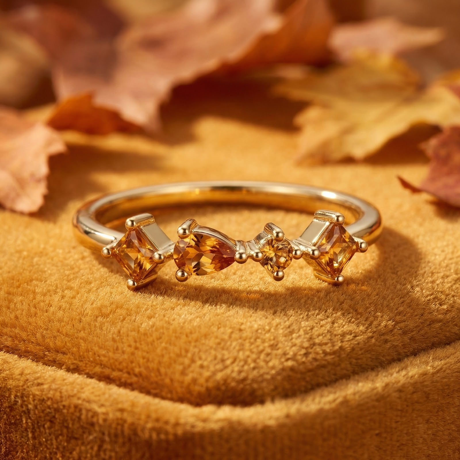 Close-up of the Kalisara Row ring in 18K gold vermeil featuring princess, pear, and round cut simulated topaz stones.