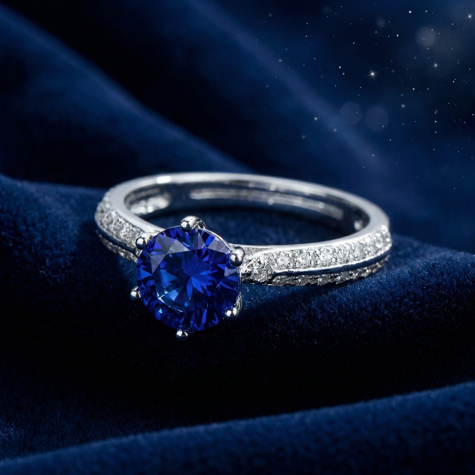 Macro view of a round blue simulated sapphire and six-prong sterling silver setting on blue velvet.