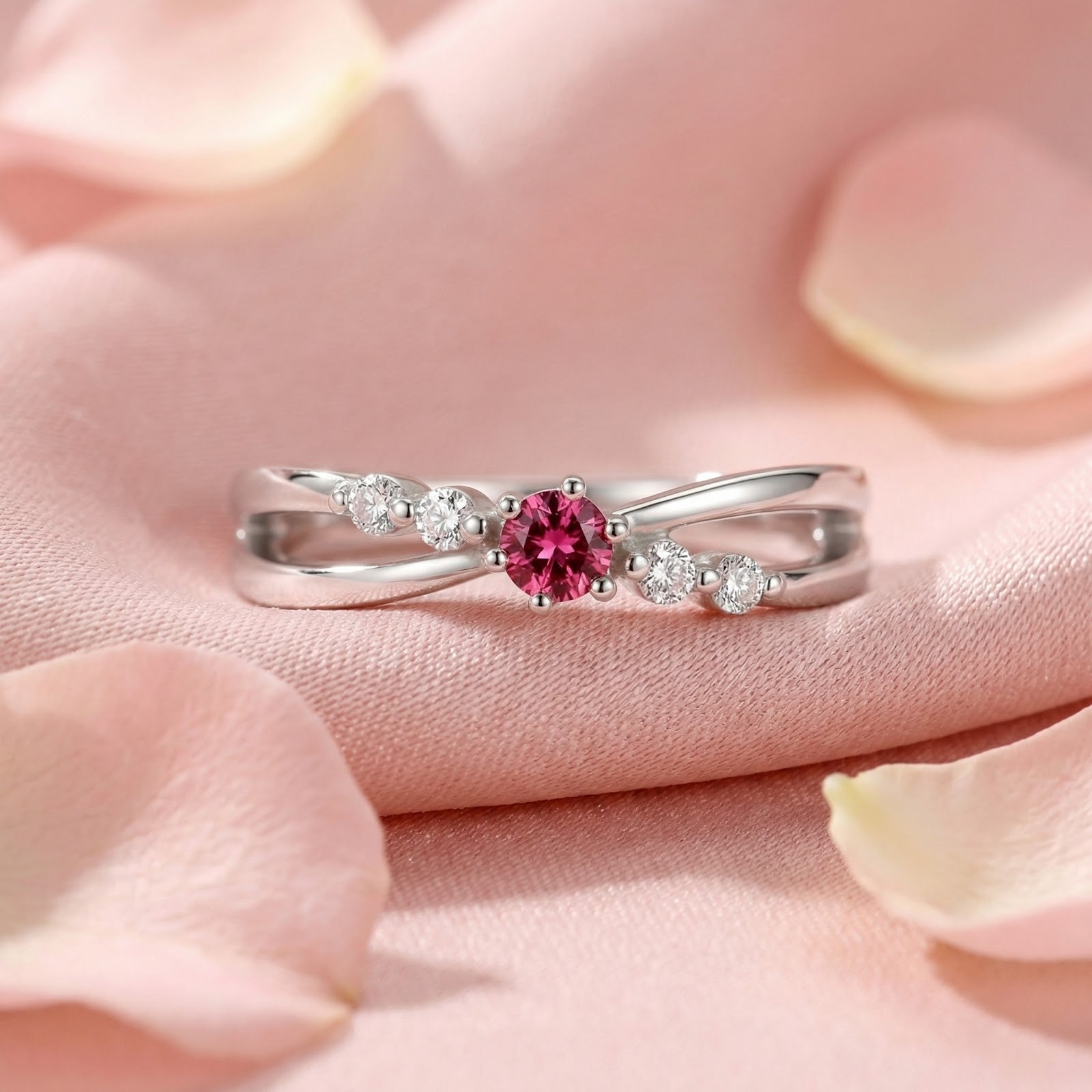 Elisanthe bypass twist ring in S925 sterling silver with a round pink tourmaline on a pink petal background.