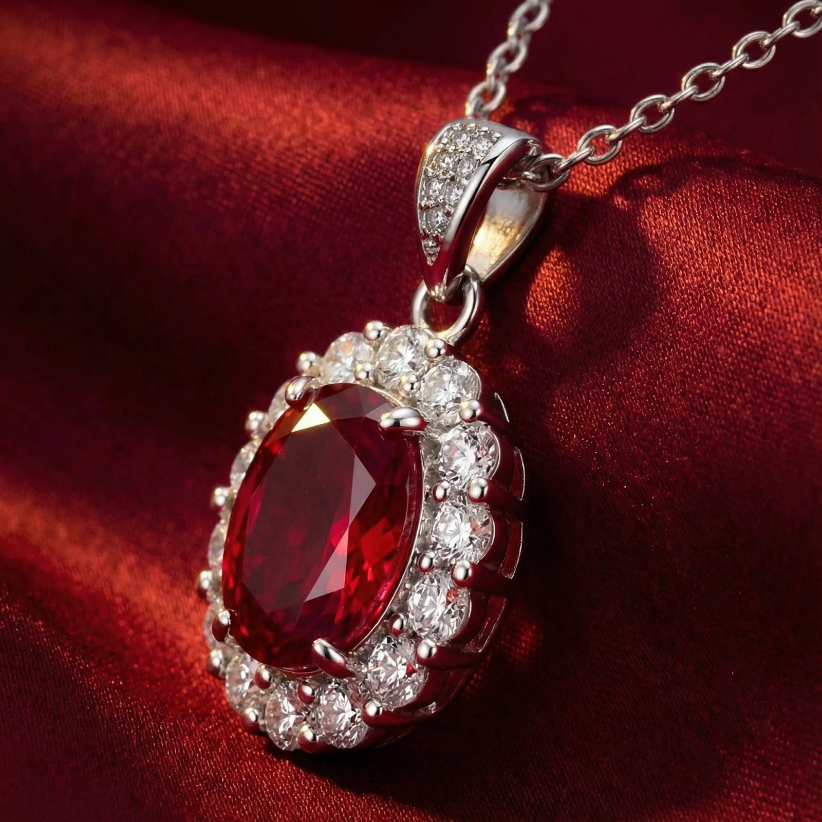 Detailed view of an oval simulated ruby pendant with a diamond-like halo on red silk.