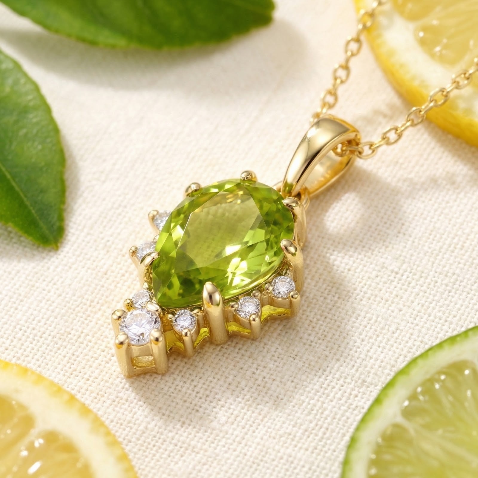 Teardrop simulated peridot necklace in 18K gold vermeil on white linen with citrus slices and green leaves.