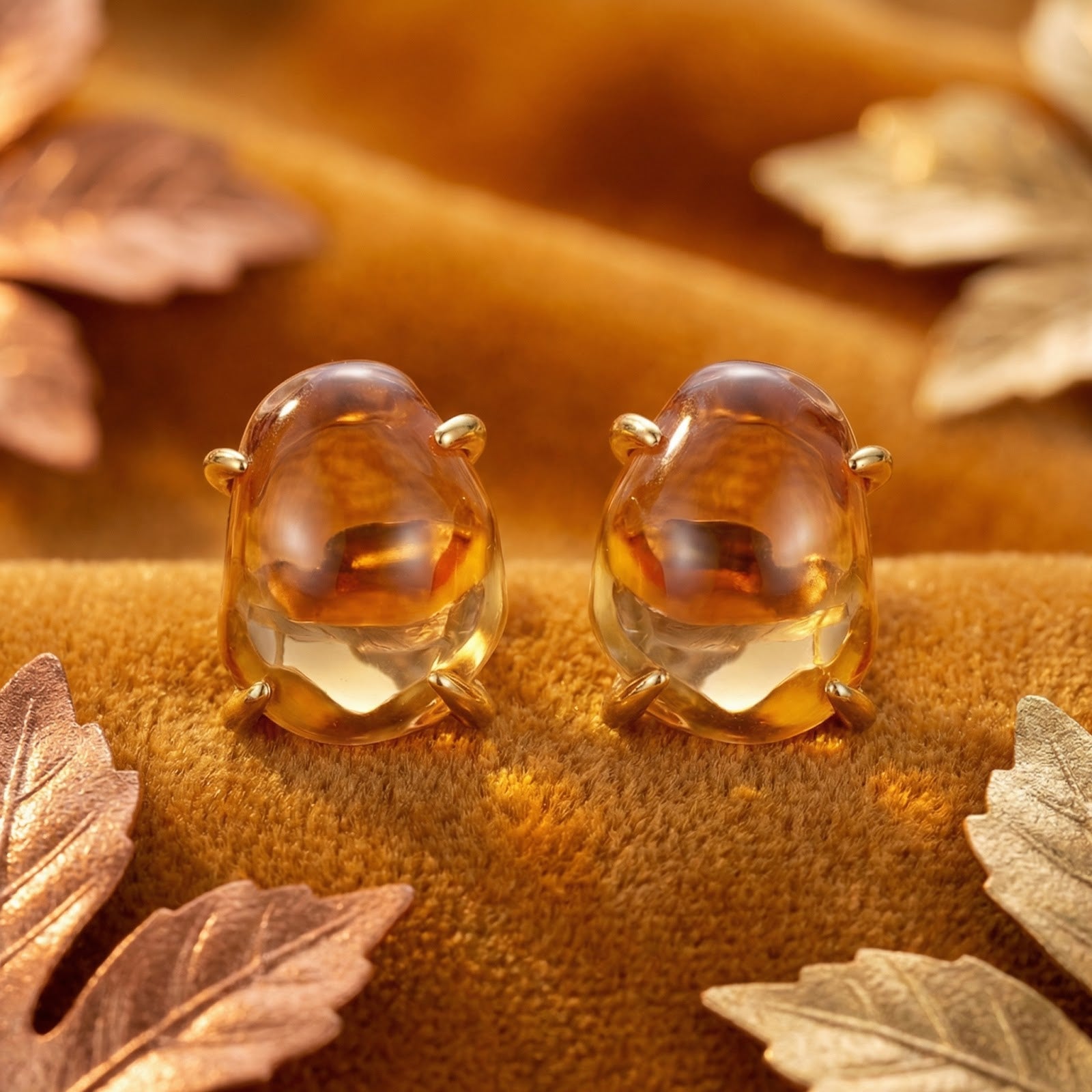 Amarantha 18K gold vermeil stud earrings with oval simulated topaz stones on velvet with autumn leaves.