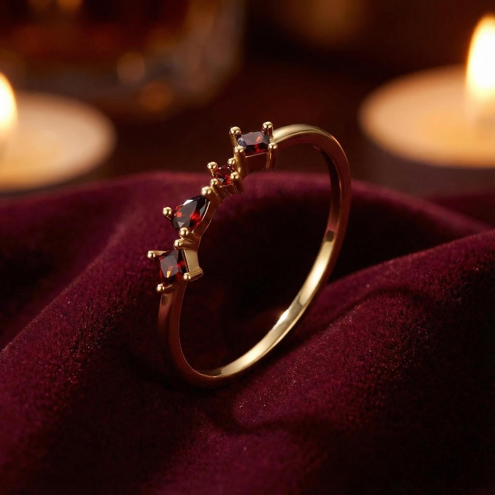 Angled view of the 18K gold vermeil Lunette ring with red simulated garnets on red velvet with candle light.