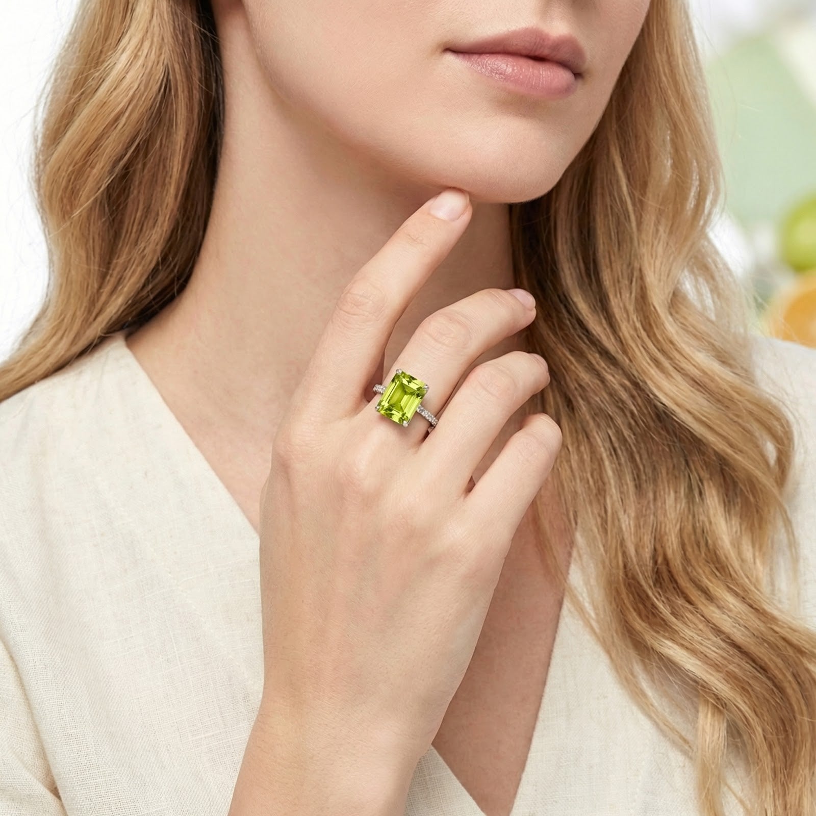 Model wearing the radiant-cut simulated peridot ring in S925 sterling silver for a lifestyle look.