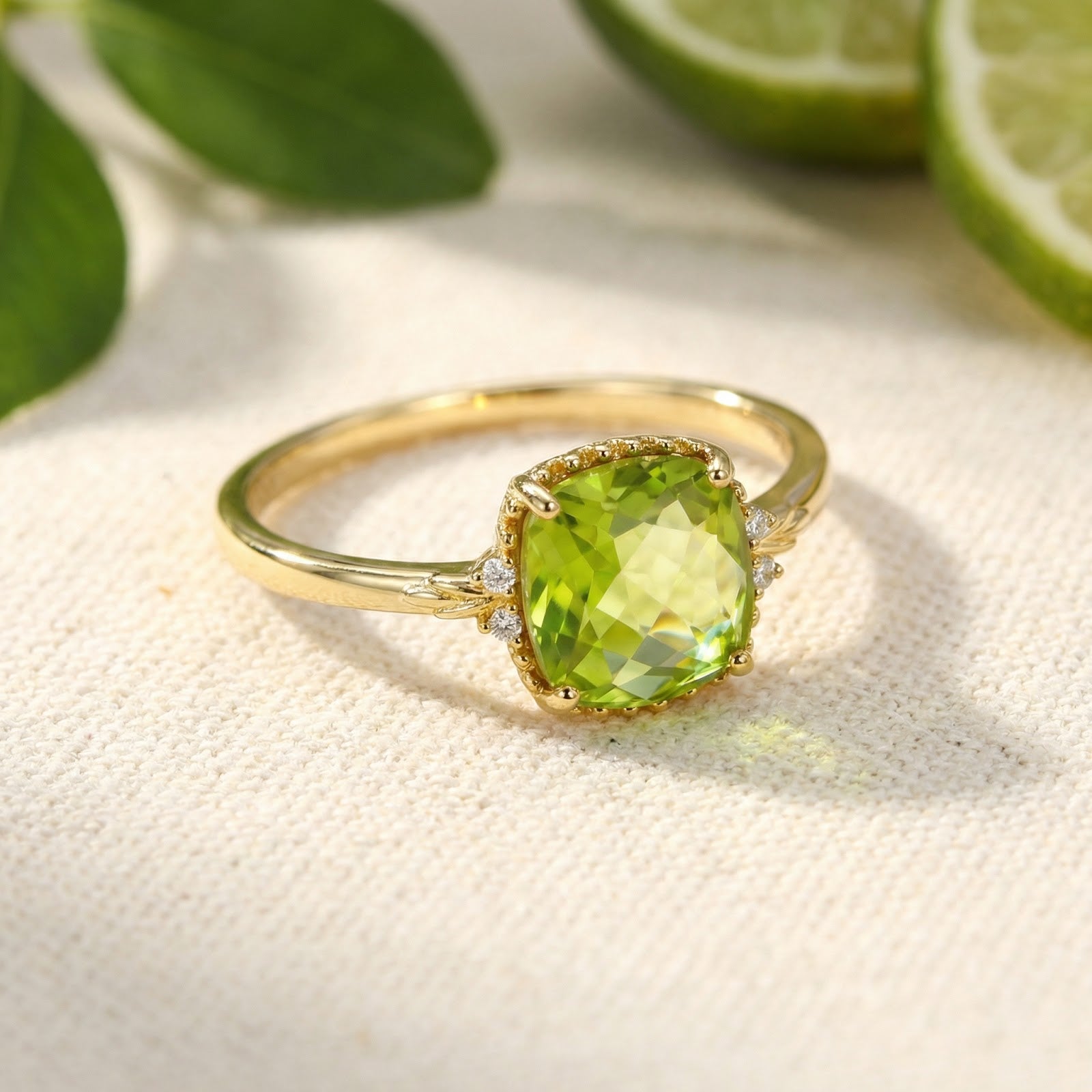 Close-up view of a cushion cut simulated peridot stone and 18K gold vermeil setting.