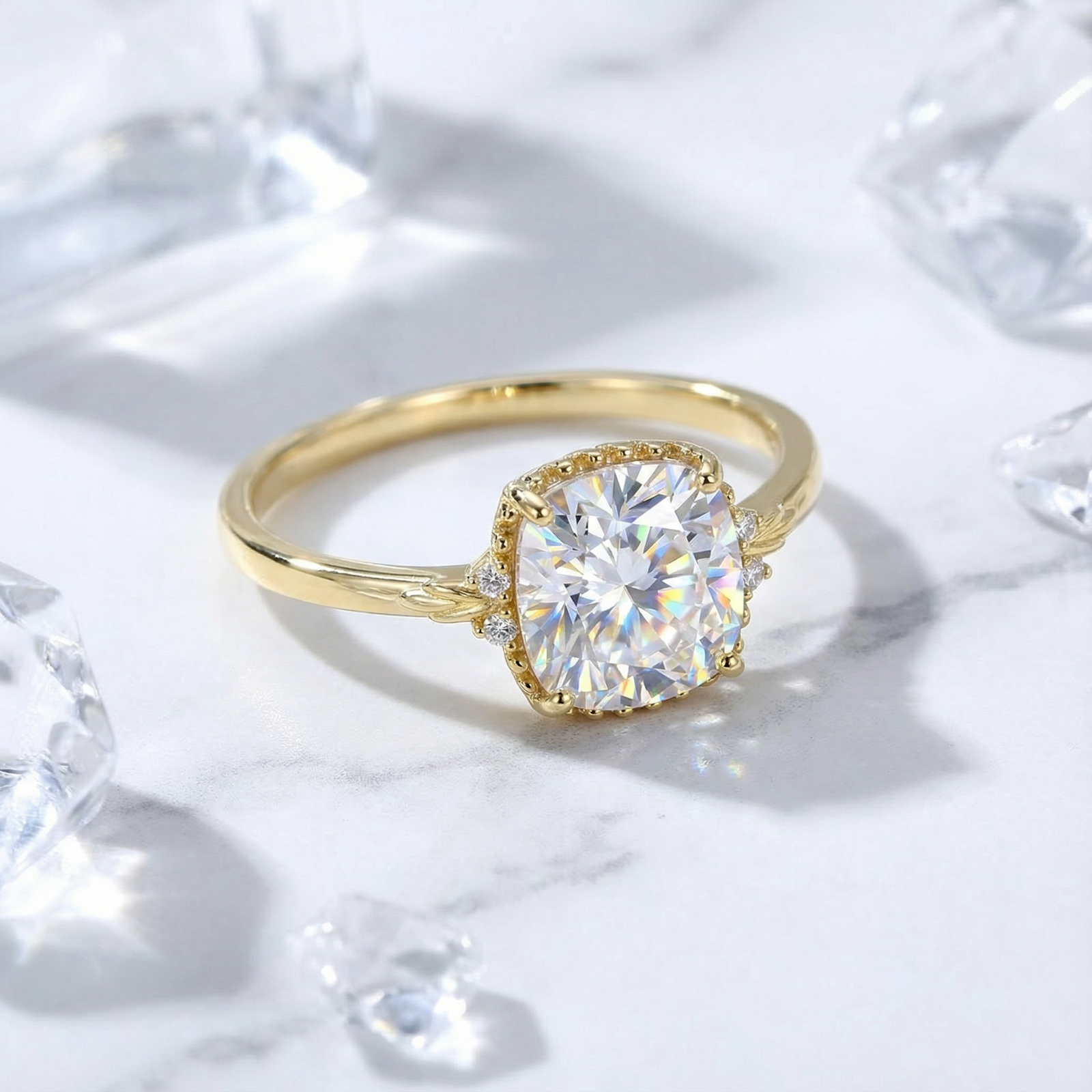 Close-up of the vintage decorative gallery on the Mirellia 18K gold vermeil cushion cut simulated diamond ring.