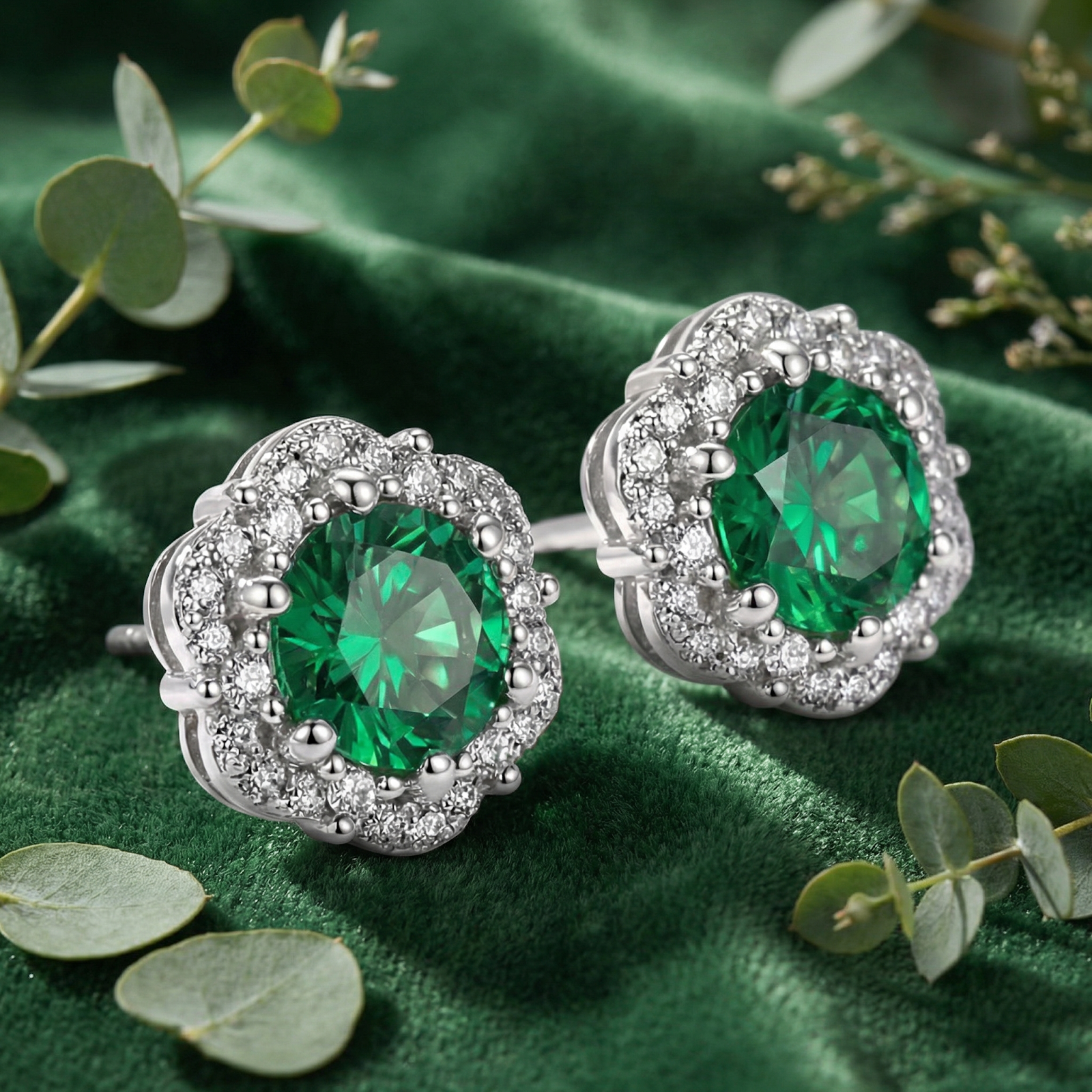 Macro view of round simulated emerald halo studs in sterling silver showing the detailed setting and vivid green stones.