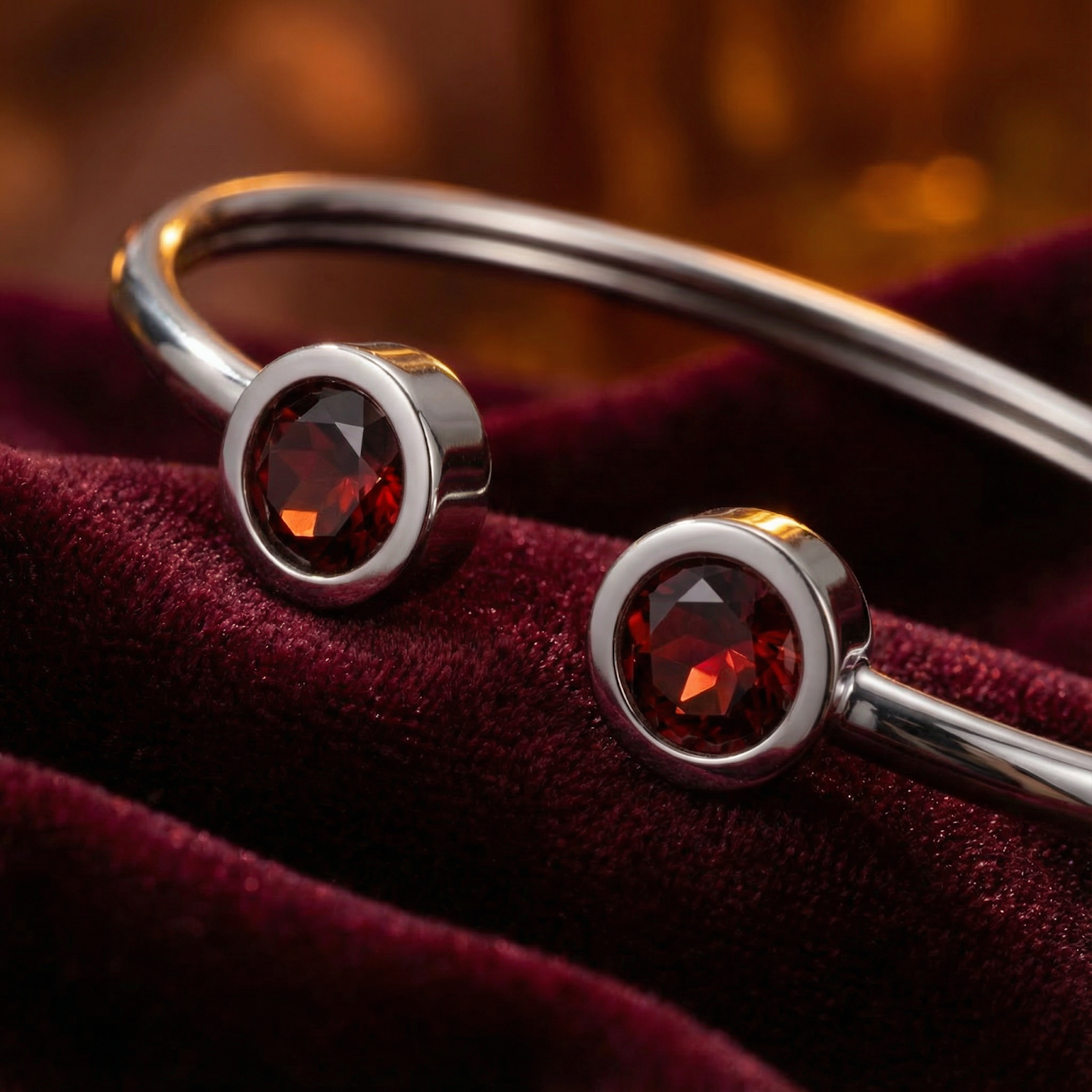 Macro detail of round-cut simulated garnets on a stainless steel cuff bracelet over red velvet.