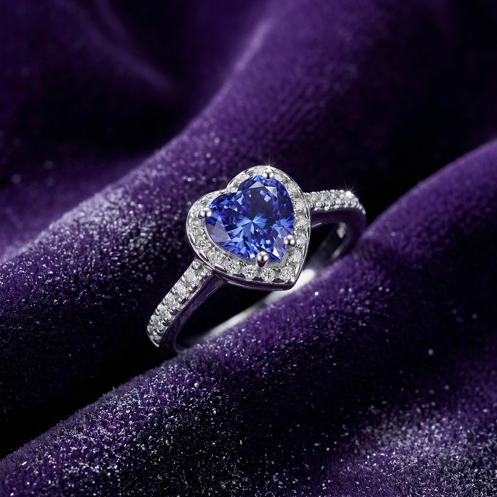 Heart-cut simulated tanzanite halo ring in S925 sterling silver on a purple velvet background.