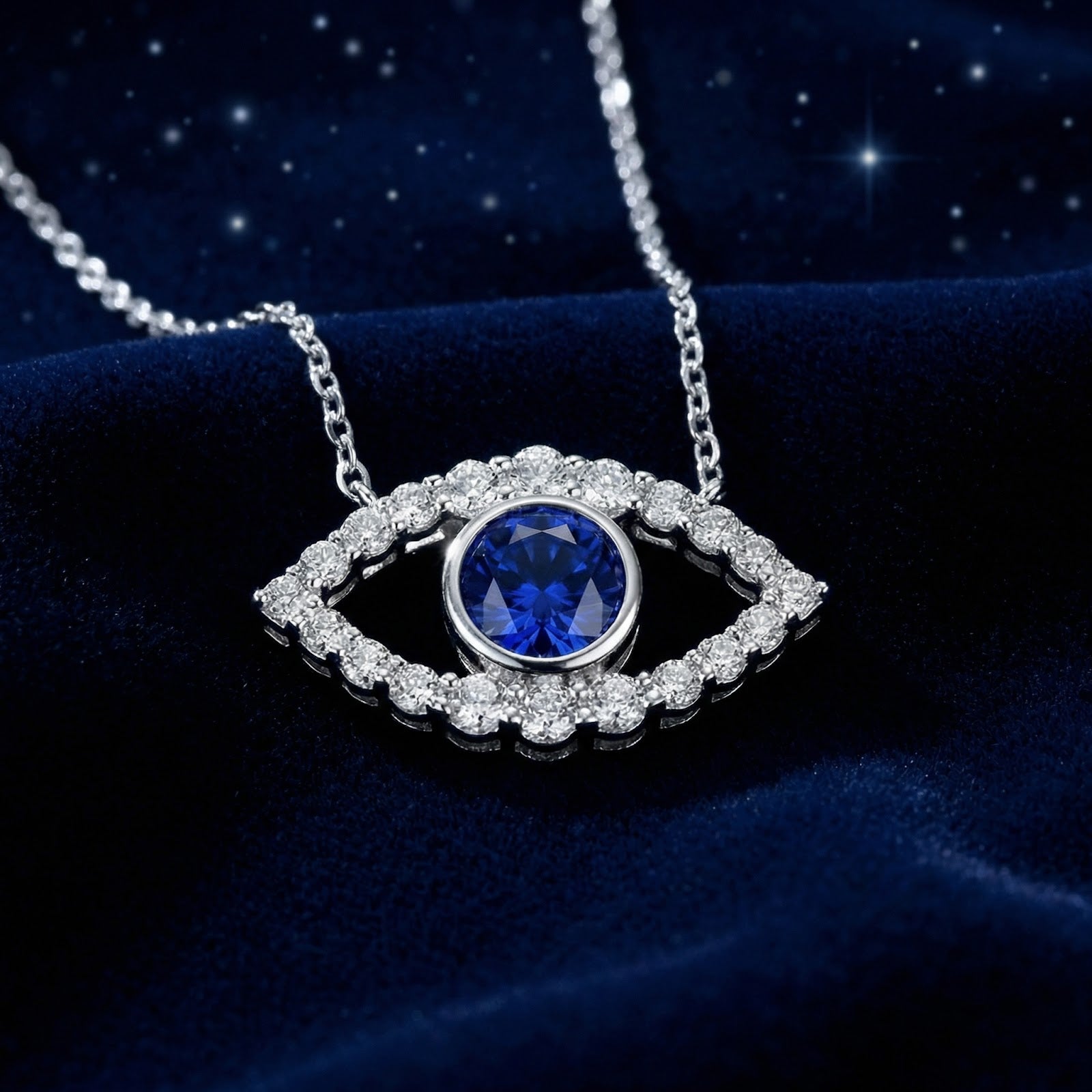 Macro view of the sterling silver evil eye pendant featuring a round cut blue sapphire and clear accents.