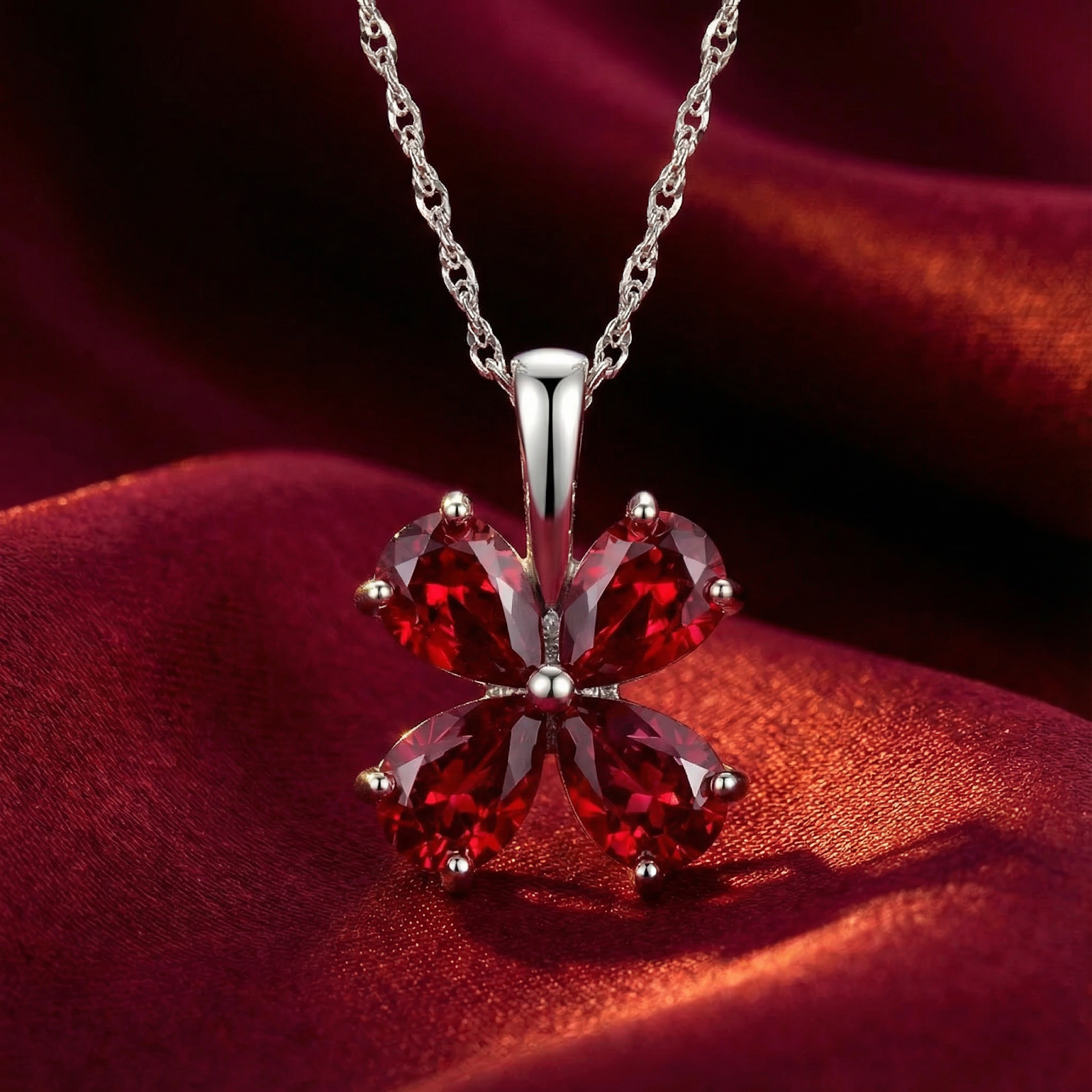 Floral simulated ruby necklace in S925 sterling silver with pear-cut stones on red silk fabric.
