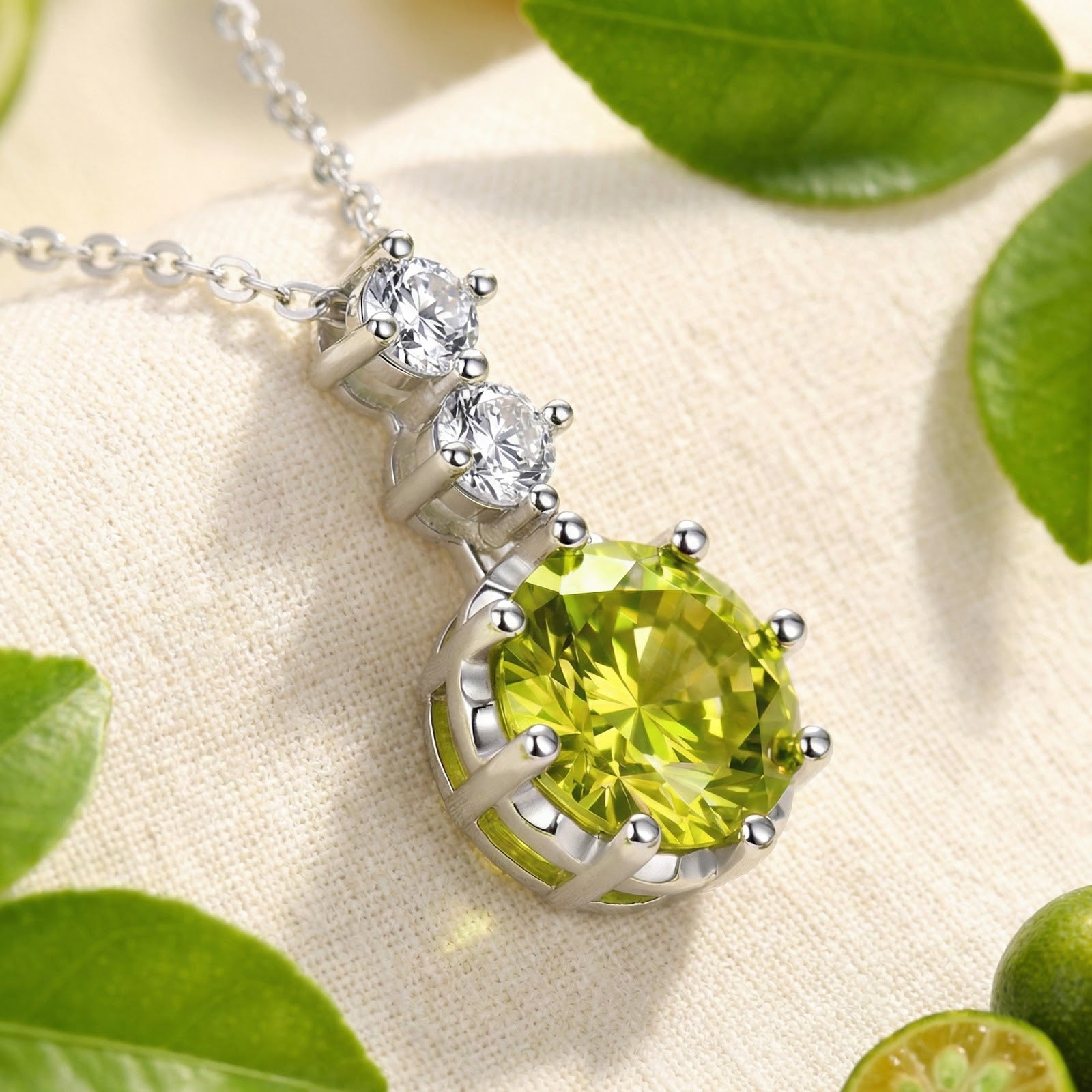 Round-cut simulated peridot necklace in S925 sterling silver styled on fabric with green leaves.