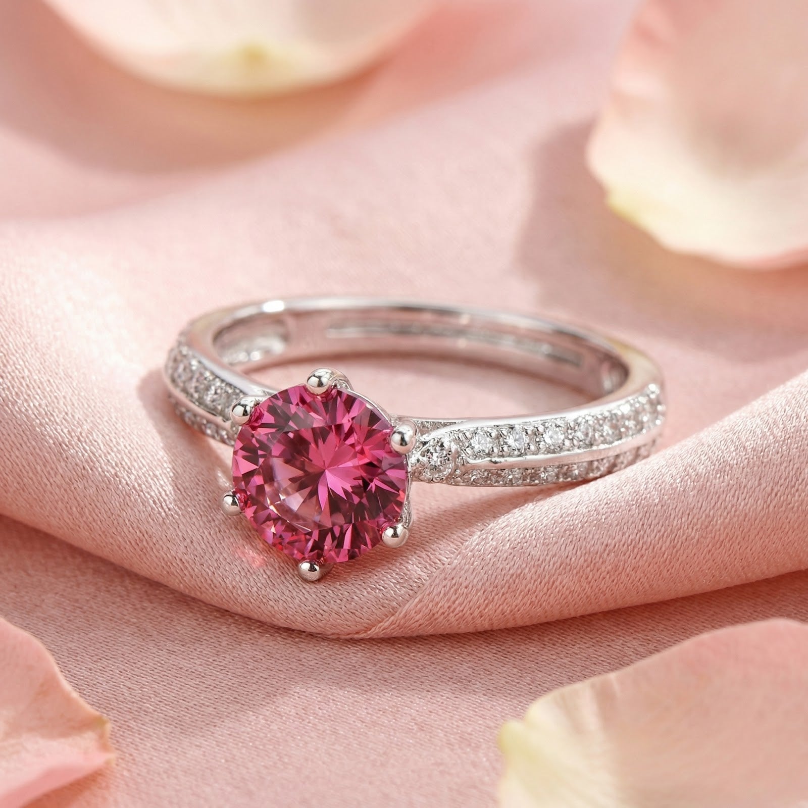 Close-up of a round-cut raspberry pink tourmaline set in a sterling silver pavé band among pink rose petals.