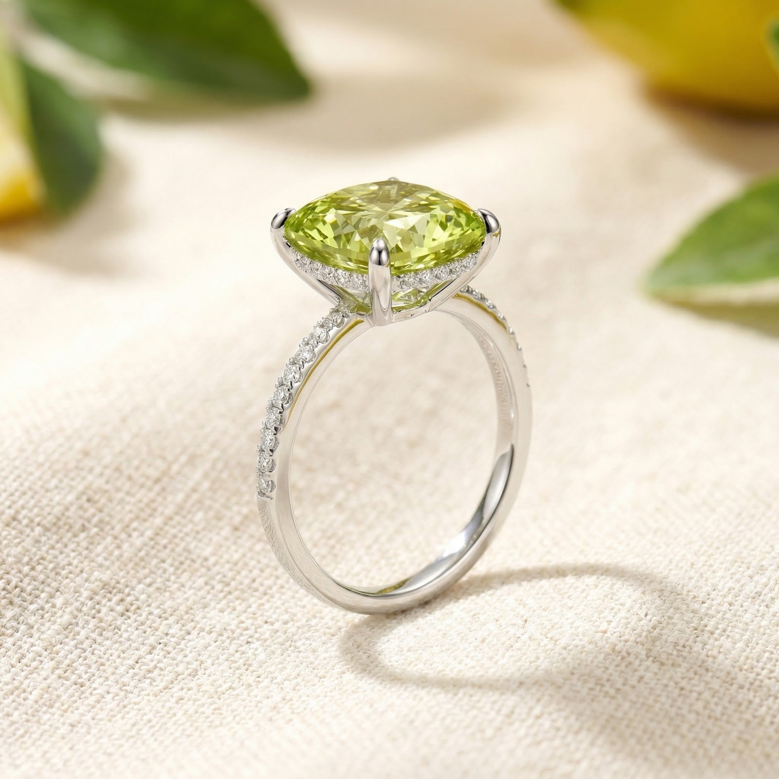 Side view of the cushion-cut simulated peridot ring in S925 sterling silver showing the elevated pave setting.